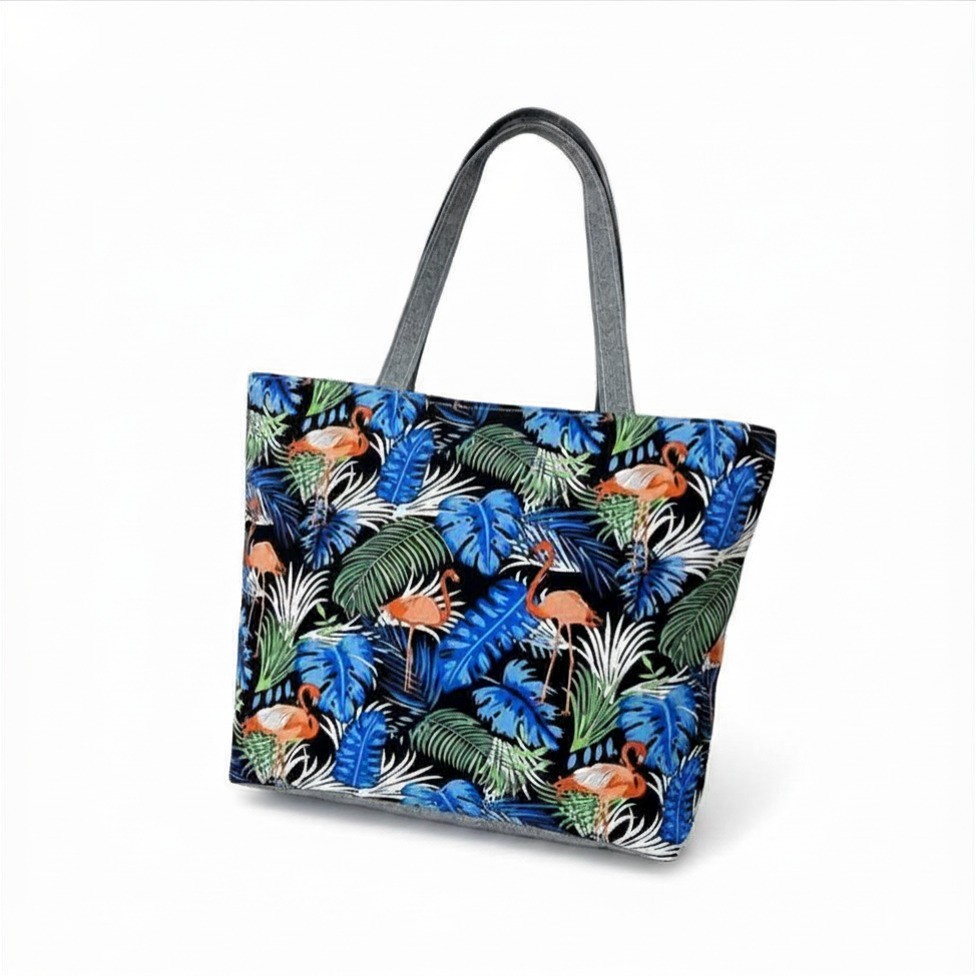 Reusable Tote Bag Flamingo Tropical Print Multicolor/Gray Handles LARGE