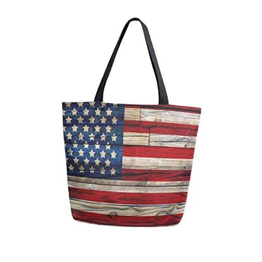 4th of July Canvas Tote Bag Large Women Casual Shoulder Wooden American Flag