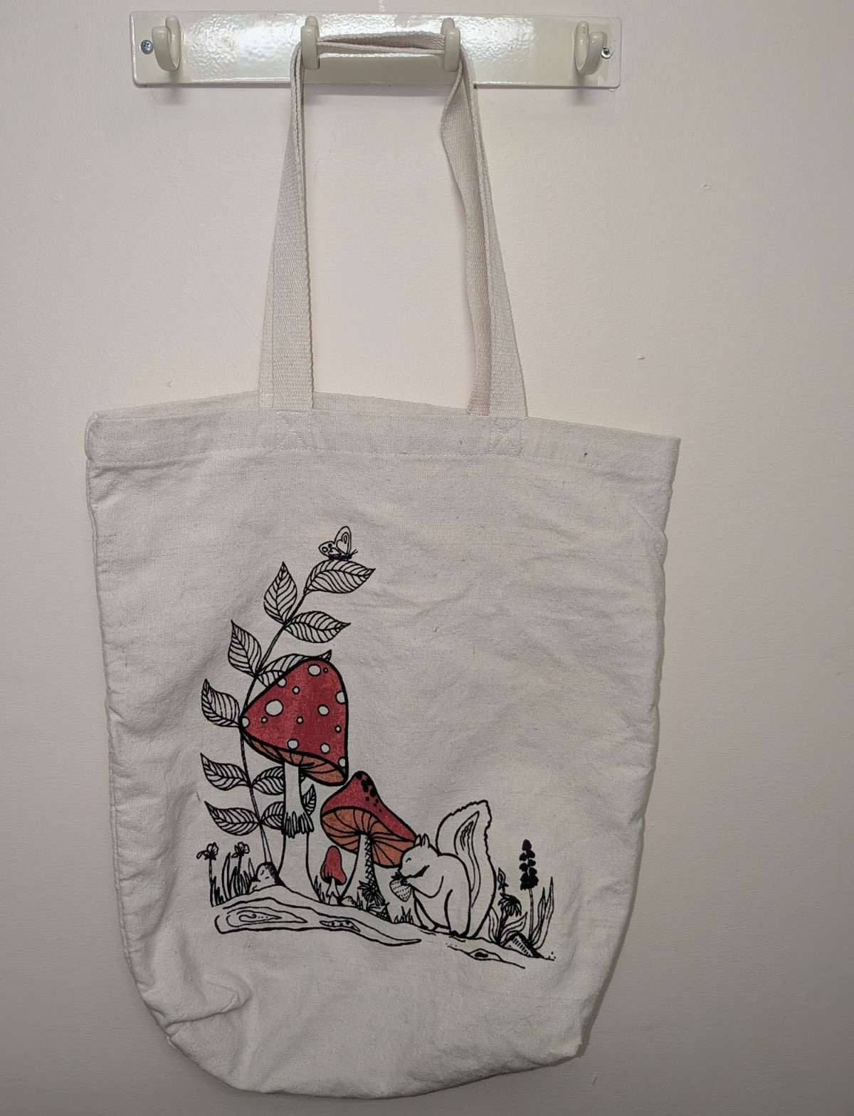 Beige Small Tote Bag Graphic Print Mushroom & squirrel