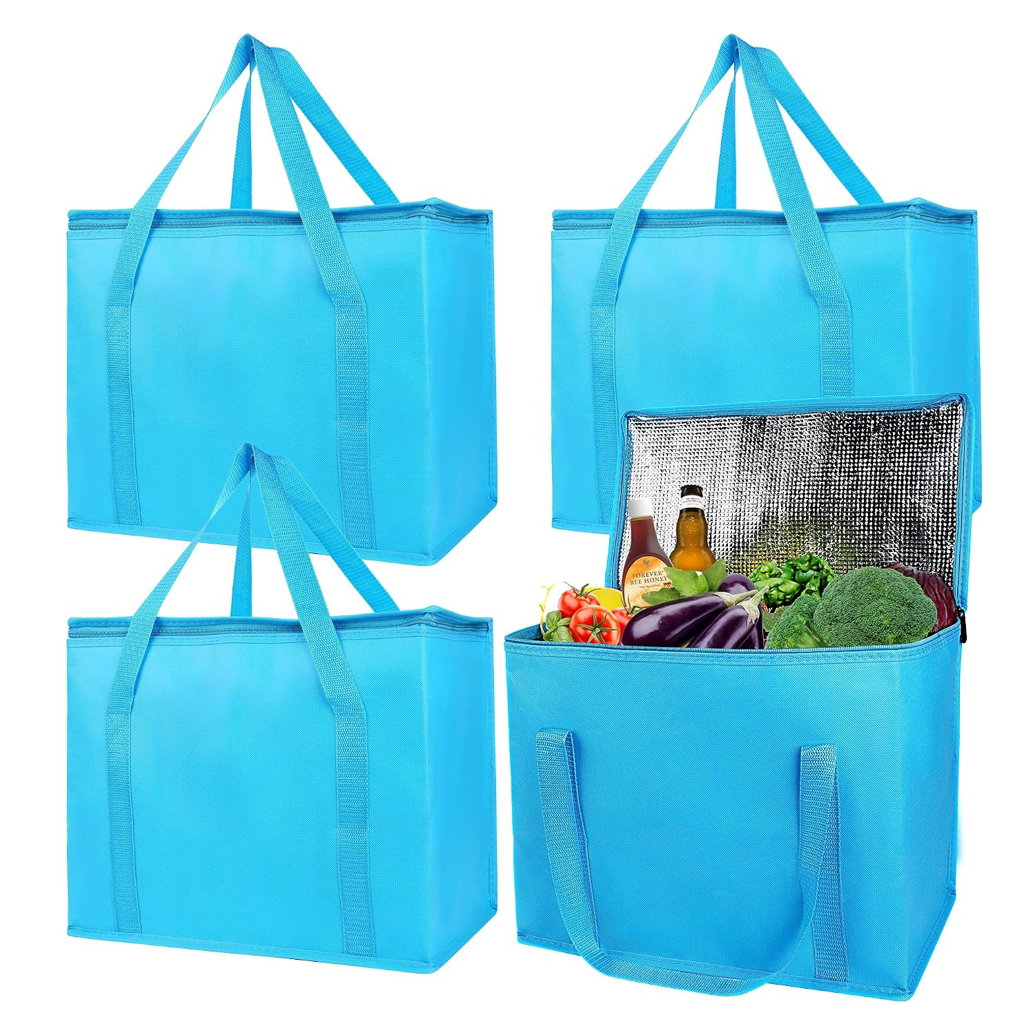 musbus 4-Pack, Large Insulated Grocery shopping bag, Blue, reusable bags,zipper,