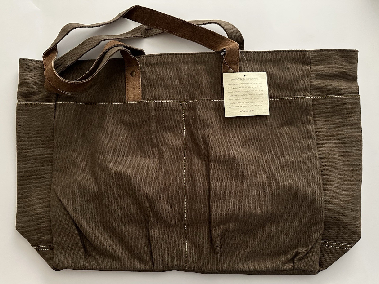 RED ENVELOPE Olive Green Canvas Shopping Gardening Tote Bag Leather Handles NWT