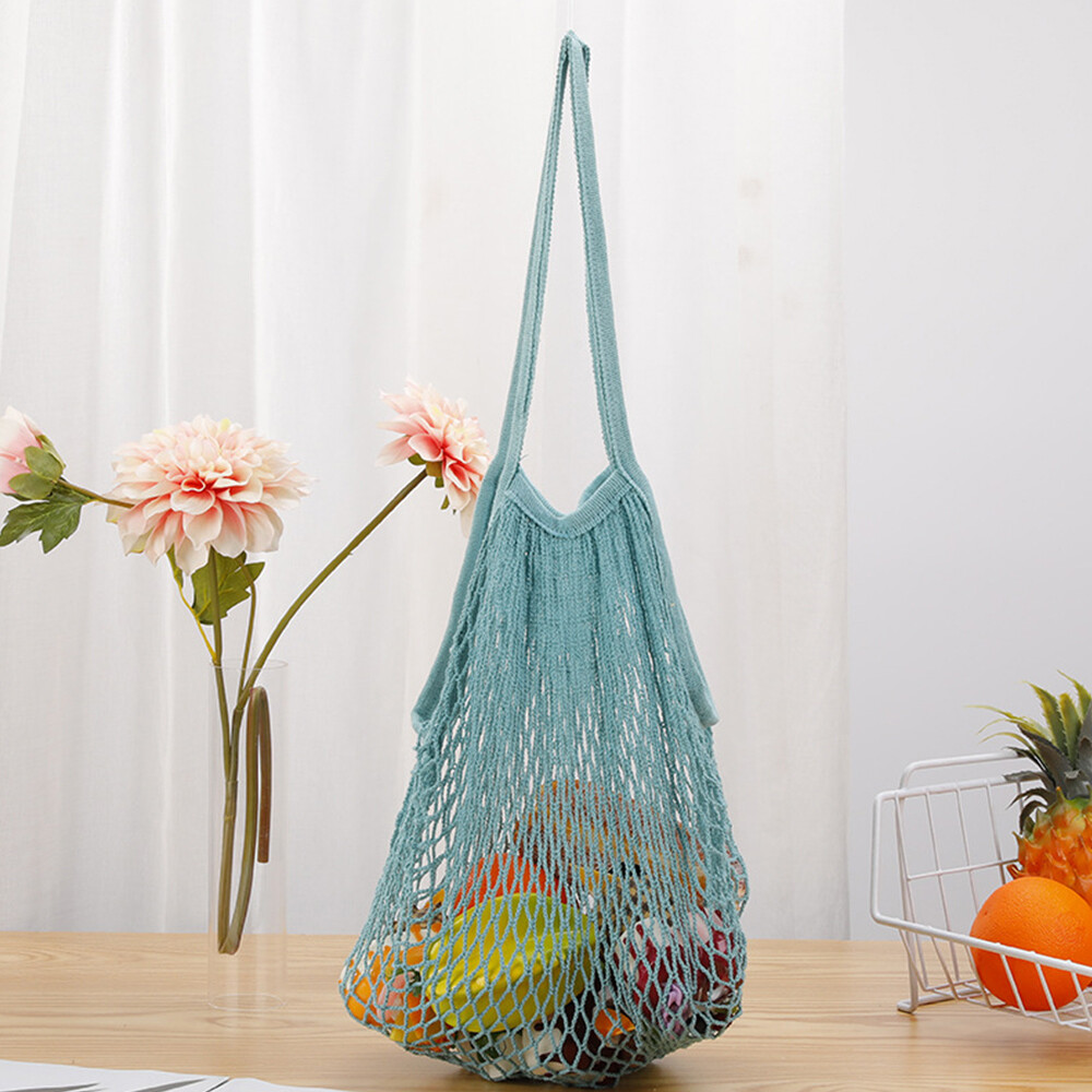 Woven Cotton Mesh Bag Washable Cotton Mesh String Handbag Long Handle Net Tote