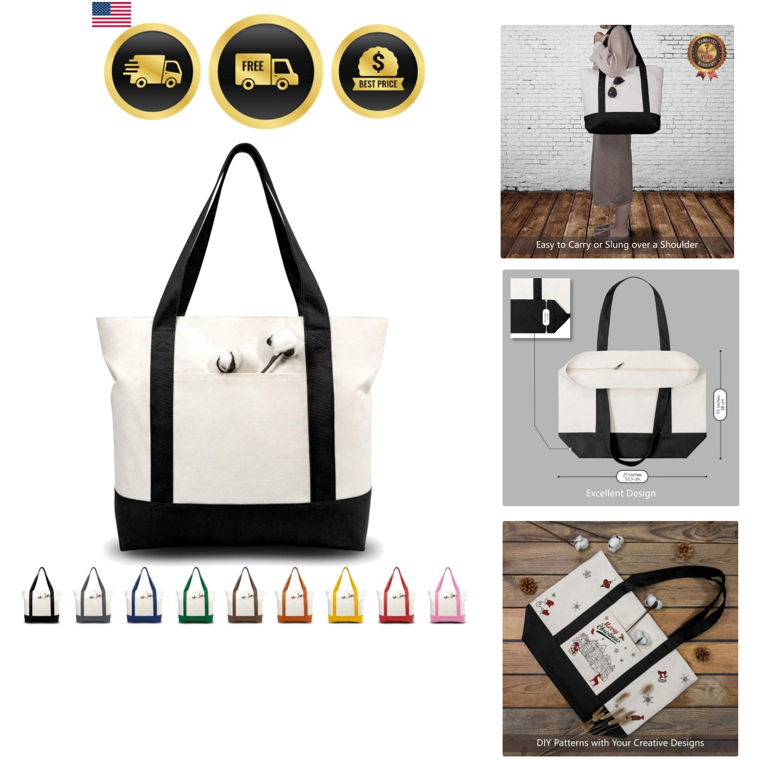 1 | 3 | 6 | 30 Pack Canvas Tote Bag with an External Pocket, Reusable Grocery…