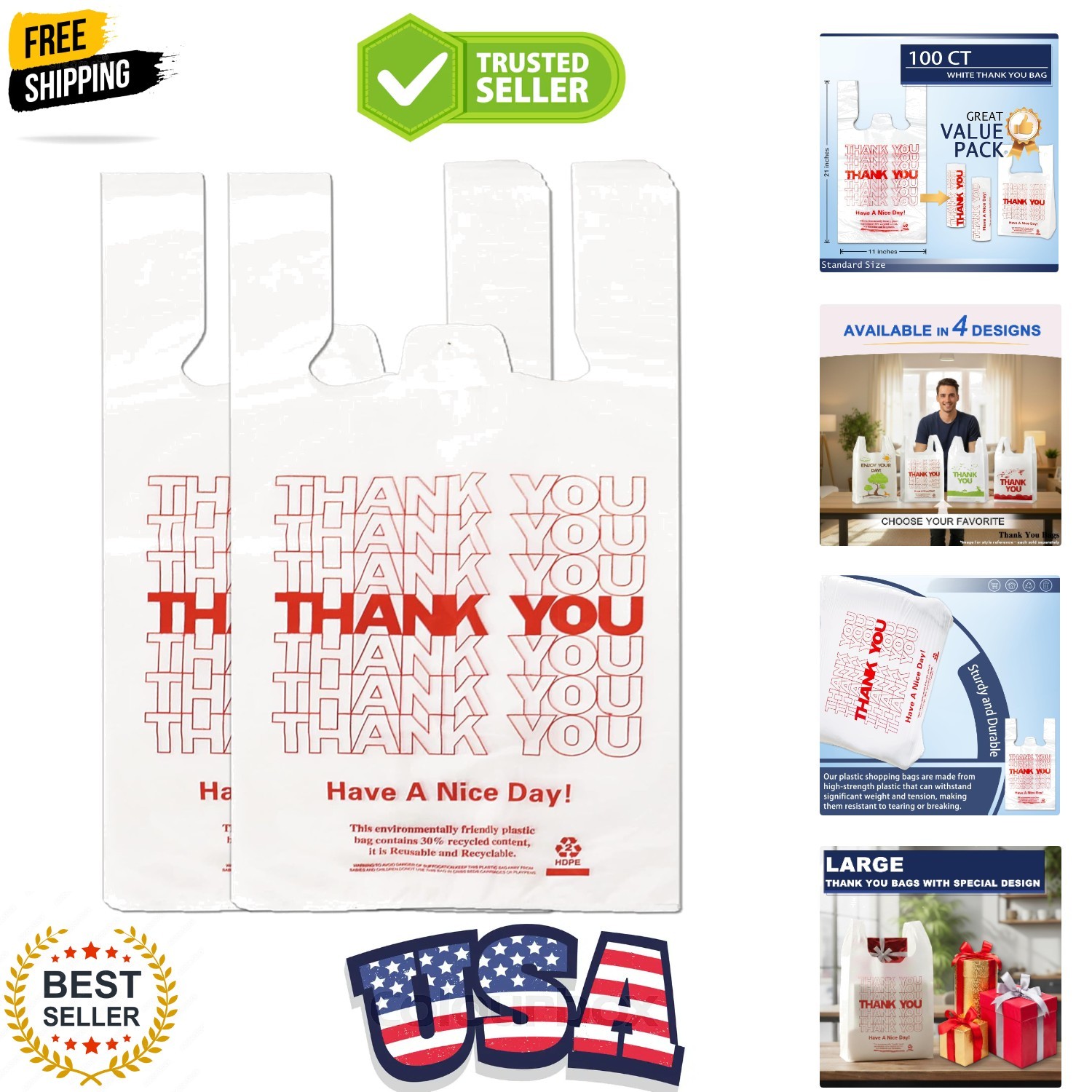 White Thank you T shirt bag, Grocery shopping bag Reusable and Disposable Sup…
