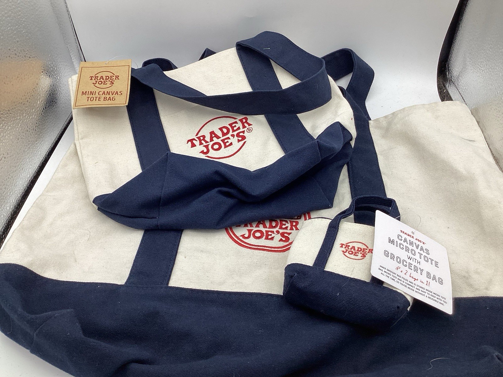 Set of 3 Trader Joe’s Canvas Tote Bags Blue Trim Large Mini & Micro (New) R2