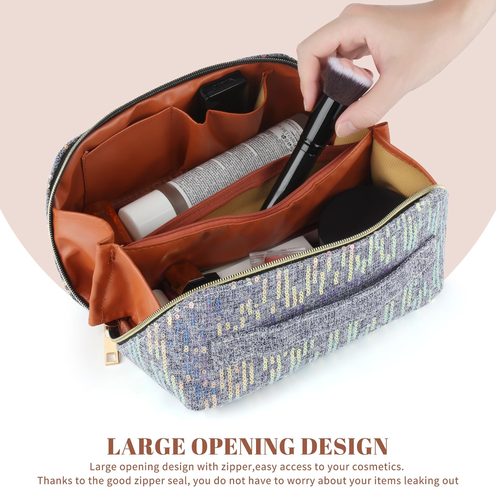 KEYPOWER Large Capacity Glitter Sequin Cosmetic Bag Travel Makeup Grey