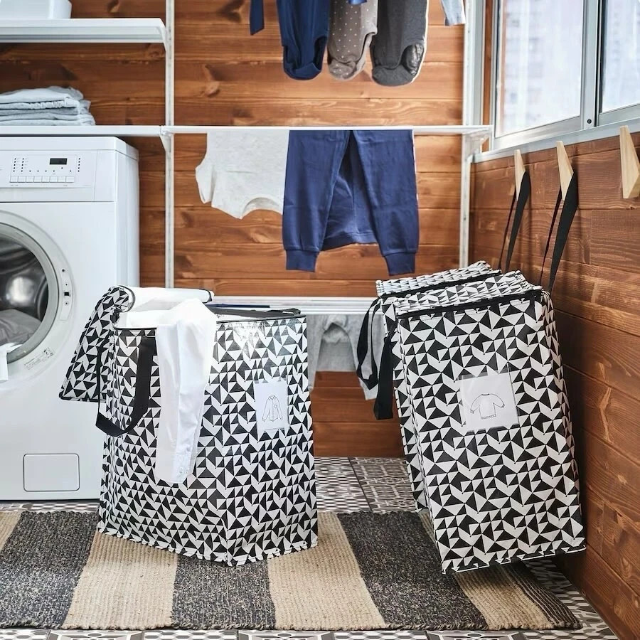 Ikea KNALLA Zipped Bag Laundry Groceries Black/White 15 ¾x9 ¾x18 ½ “/12 Gallon