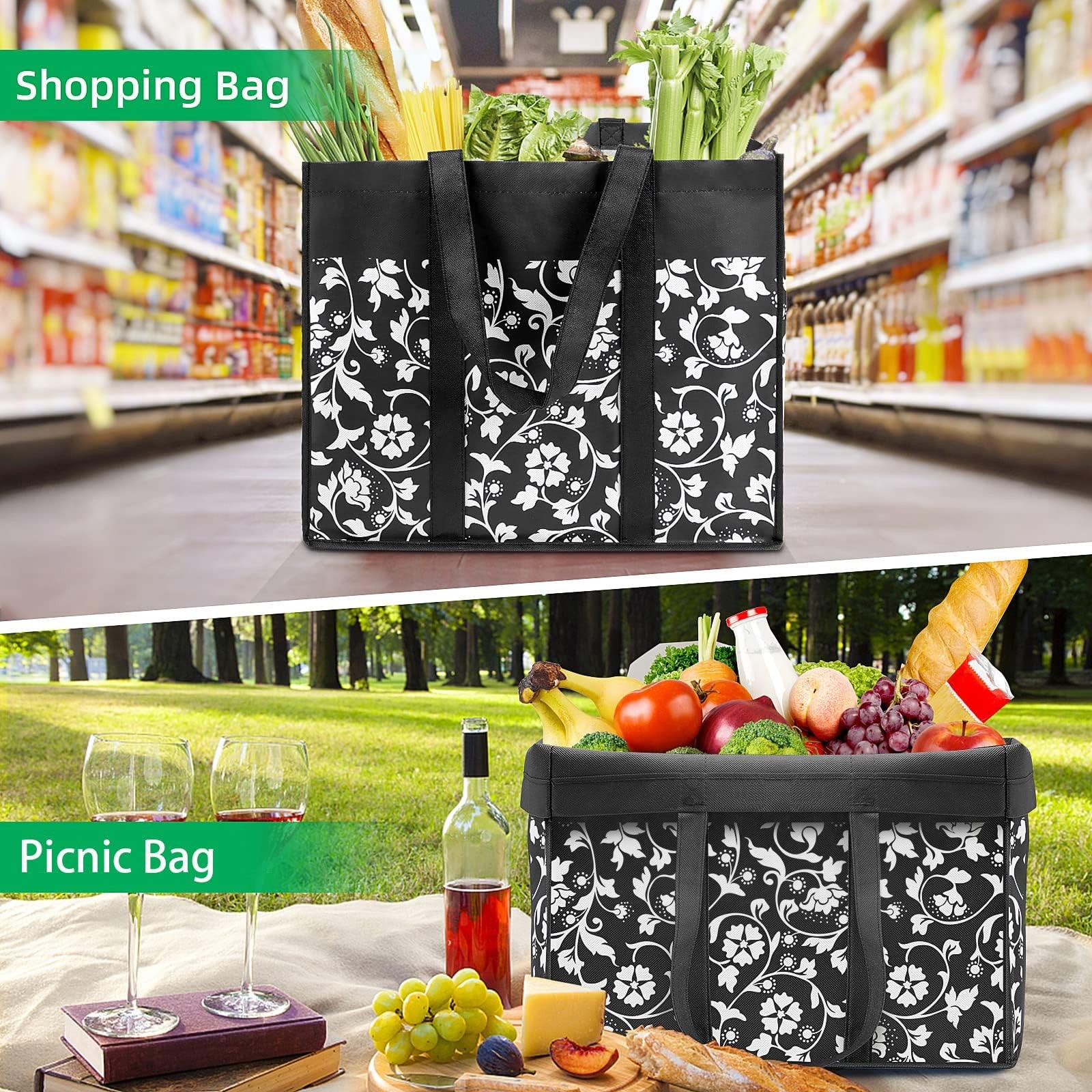 Reusable Grocery Bags Foldable Tote Bags bulk with Reinforced Handles Shoppin…