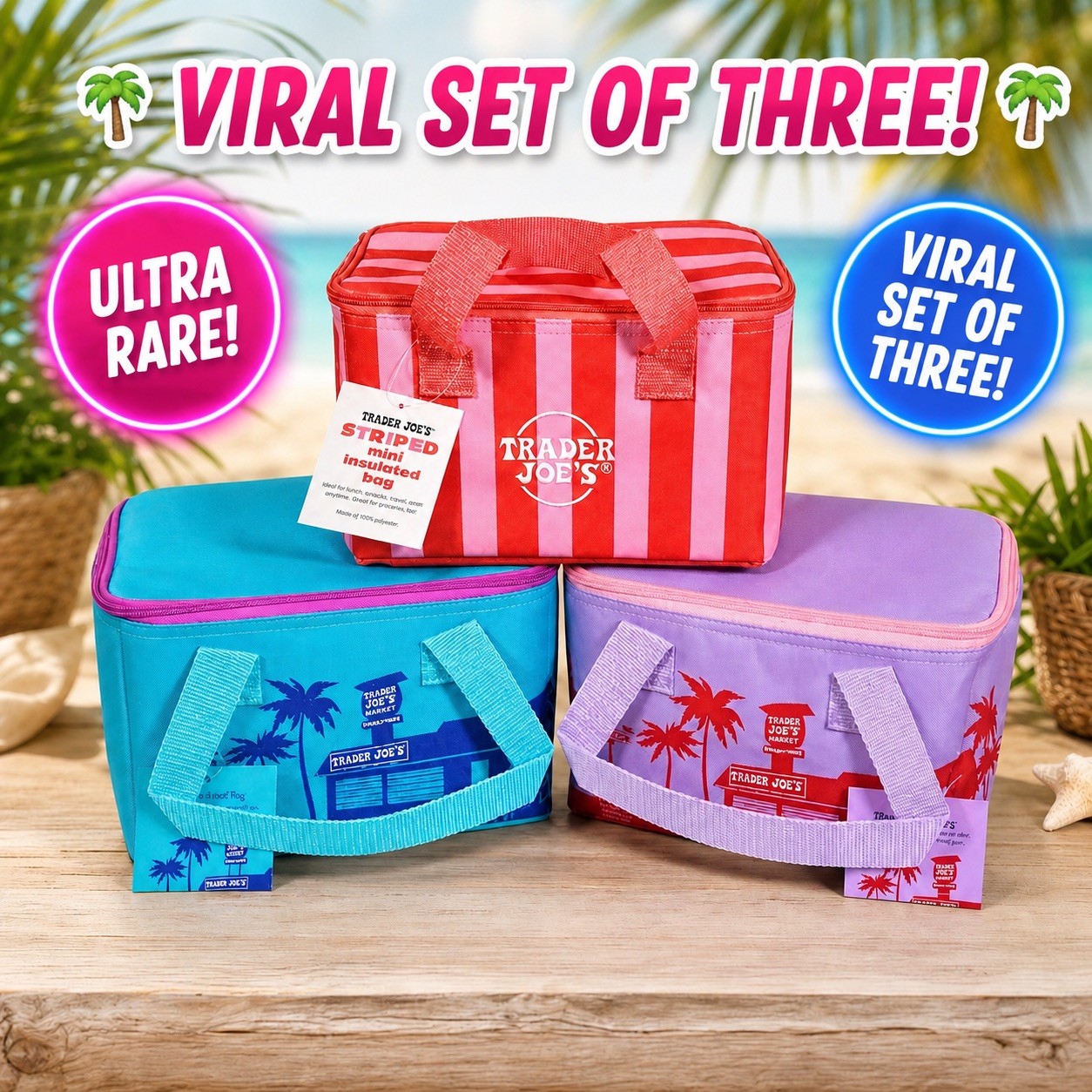 Trader Joe’s Insulated Summer Mini Totes 3 Pack AUTHENTIC Bags NWT 2026