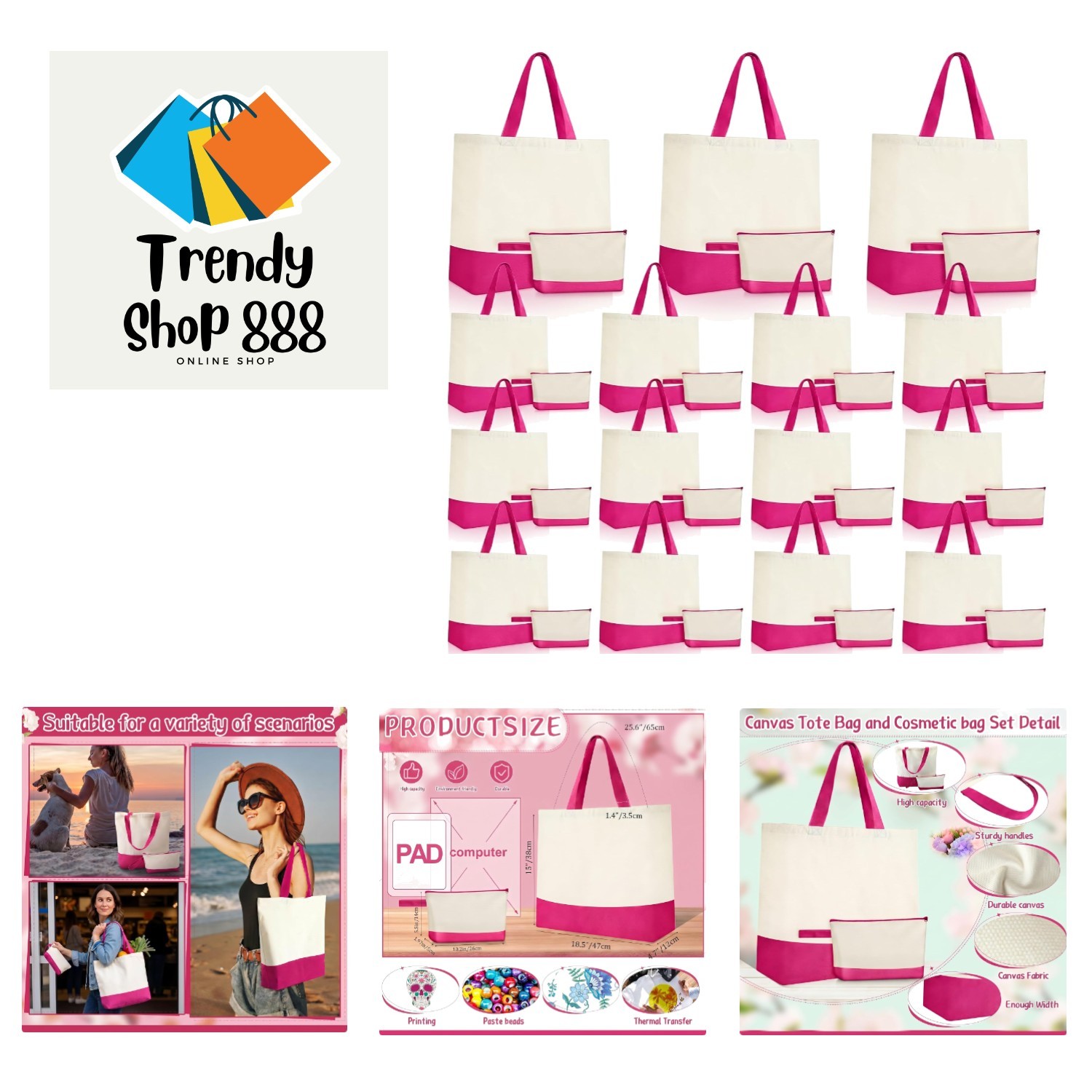 30 Pcs Canvas Tote Bags Bulk with Zipper Cosmetic Pouch 18.5″ Reusable Cotton…