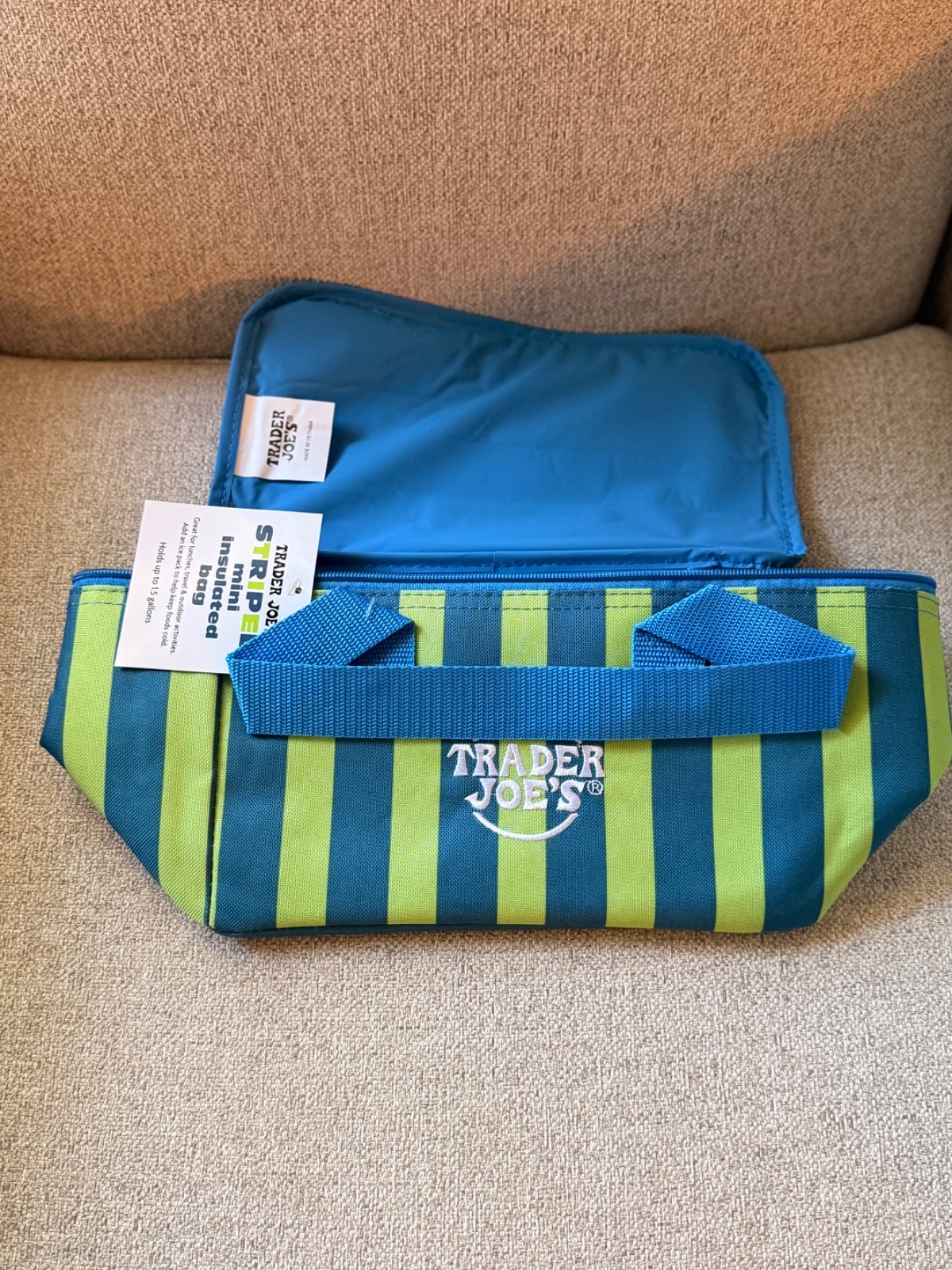 Trader Joe’s Mini Insulated Cooler Tote Lunch blue and green stripes 2026