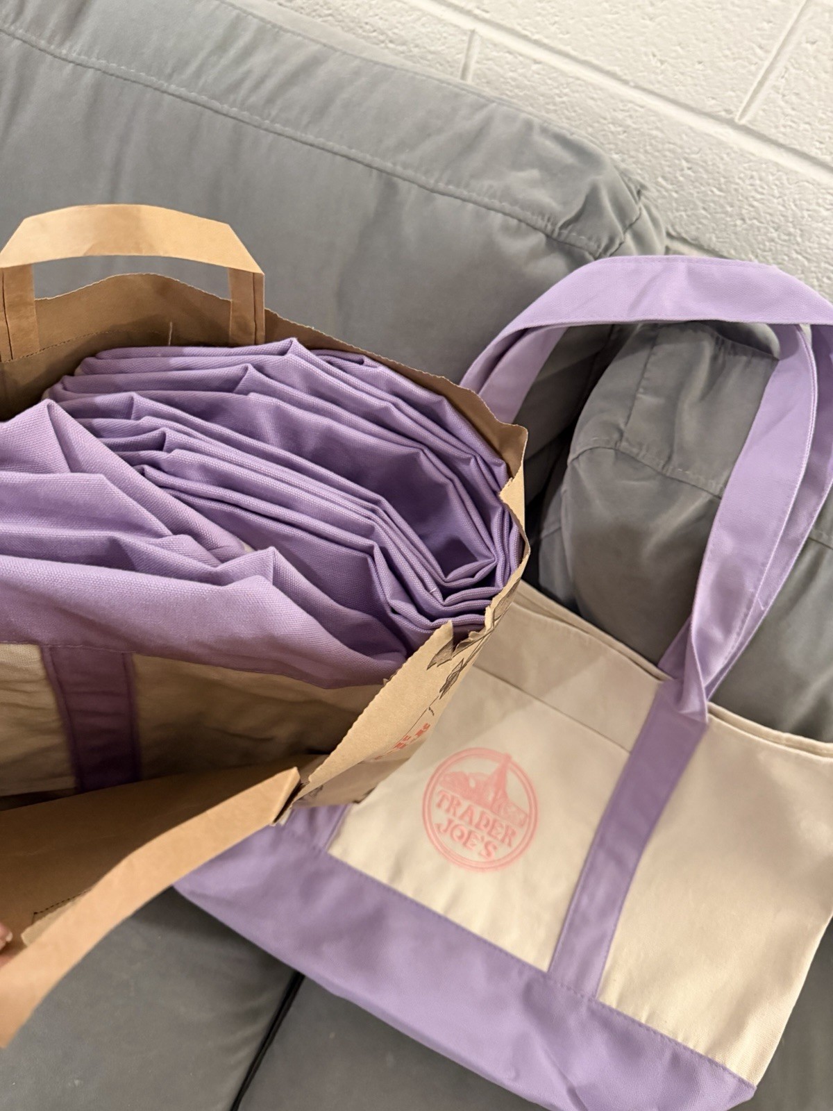 Trader Joe’s Large Reusable Canvas Shopping Bag Beige Purple 20x6x14in