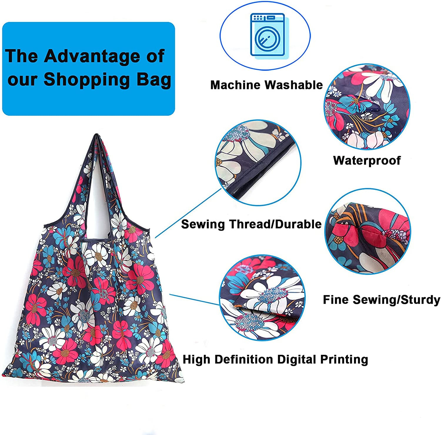 6 Pcs Reusable Grocery Bags Xlarge 50LBS Foldable Grocery Shopping Bags Washable