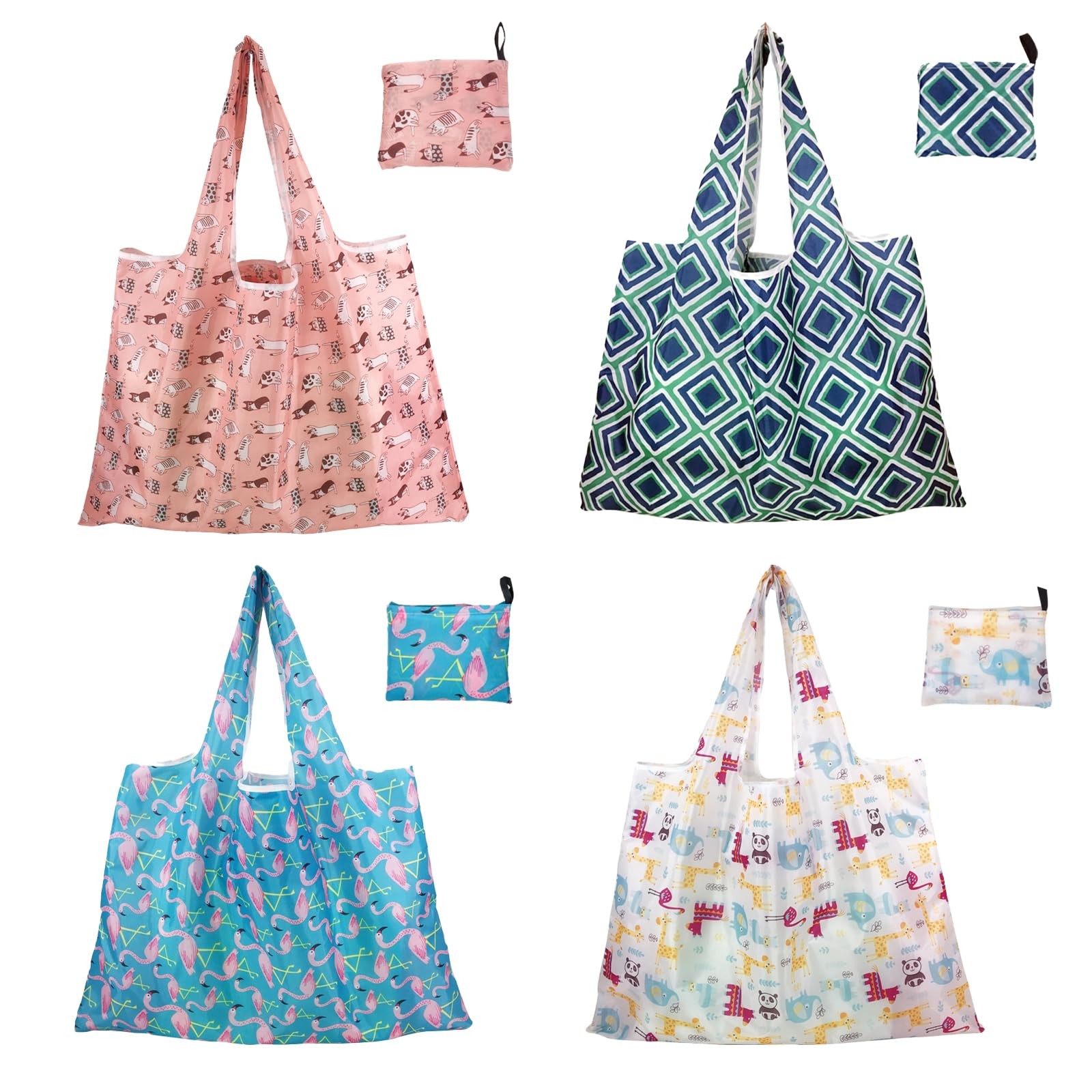 4-Pack Foldable Reusable Grocery Bags with Handles, Colorful Nano Bags for Wo…
