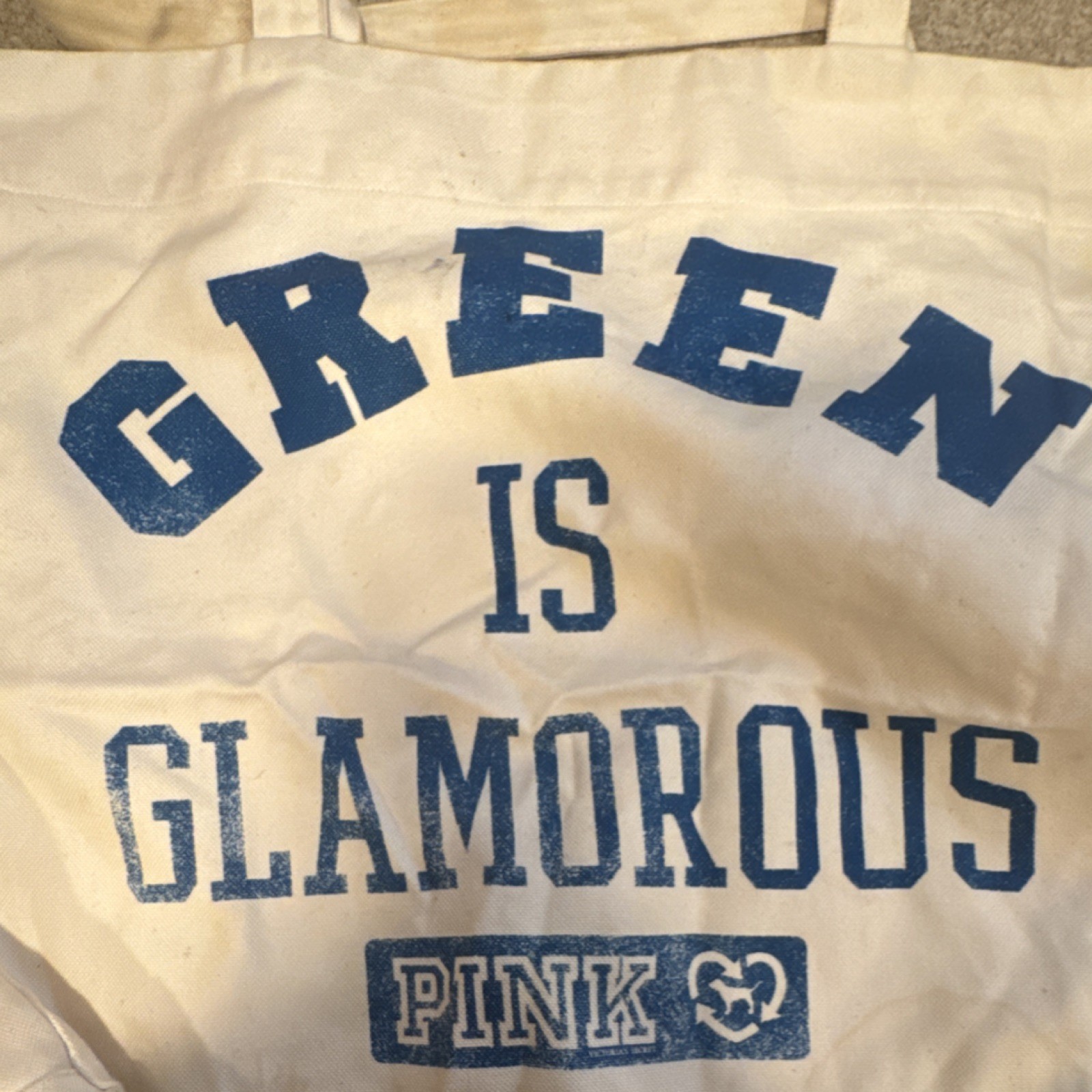 PINK “Green Is Glamorous” Reusable Shopping Bag Graphic Print Beige/Blue