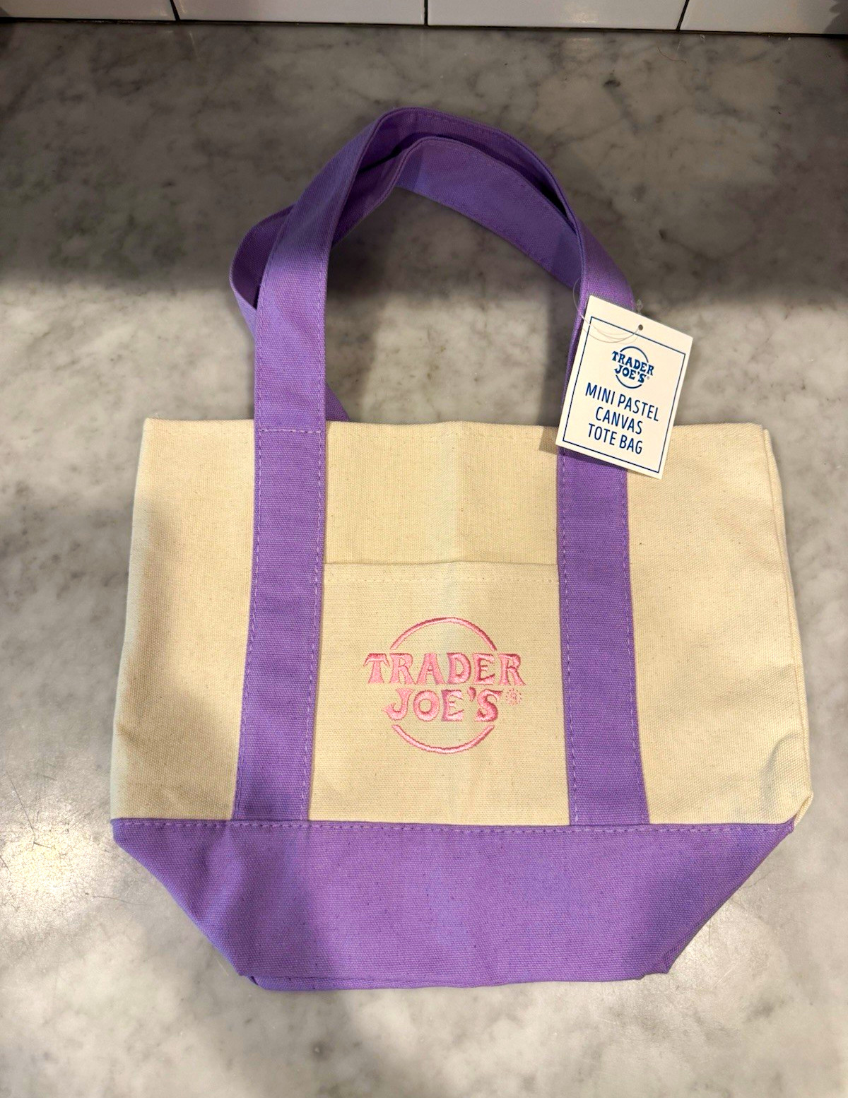Trader Joe’s Mini Pastel Canvas Tote Bag Purple/Beige 13x6x10 NWT