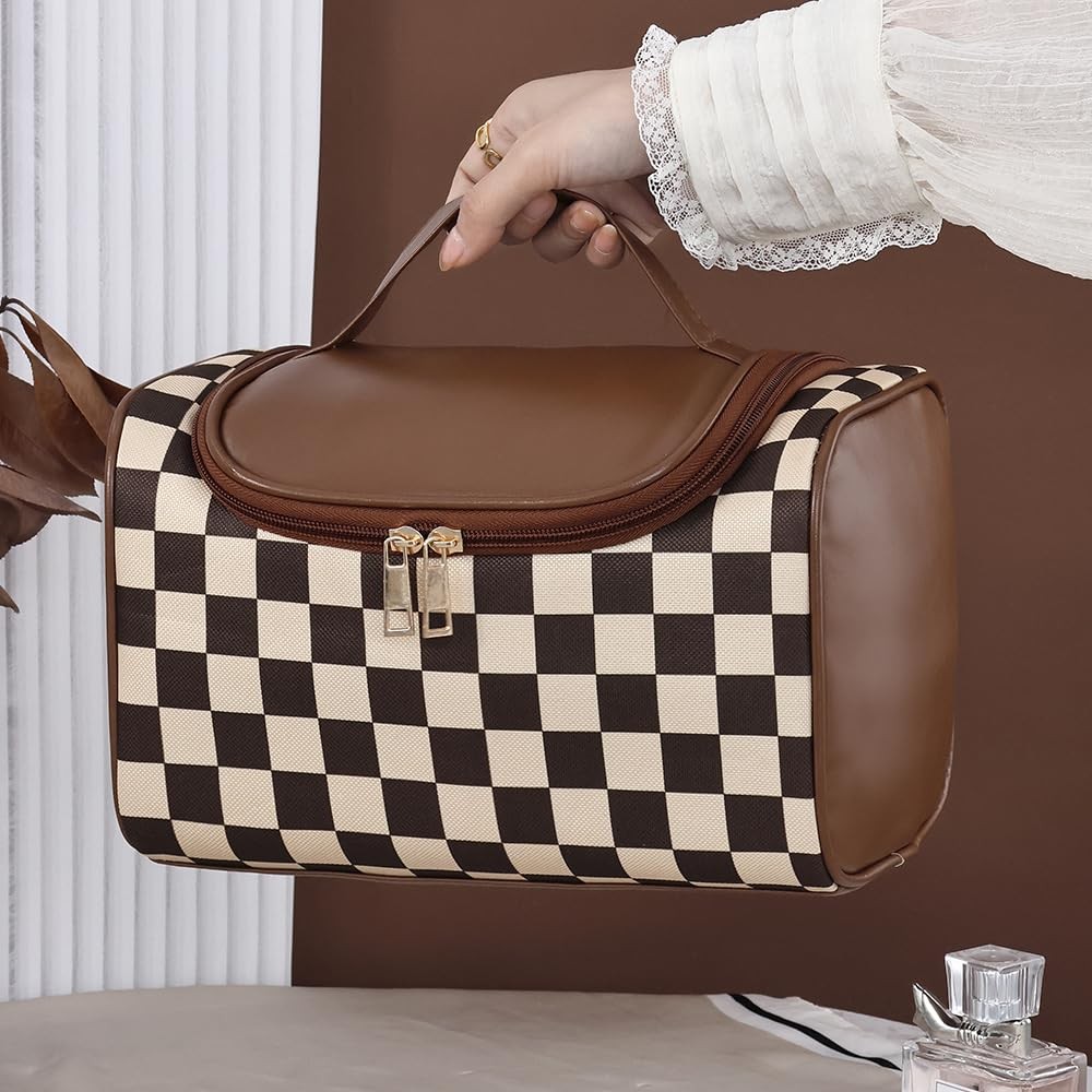 Yikisite Plaid Makeup Bag Large Capacity Travel 9.25 x 6 x 12.5 inches, Brown