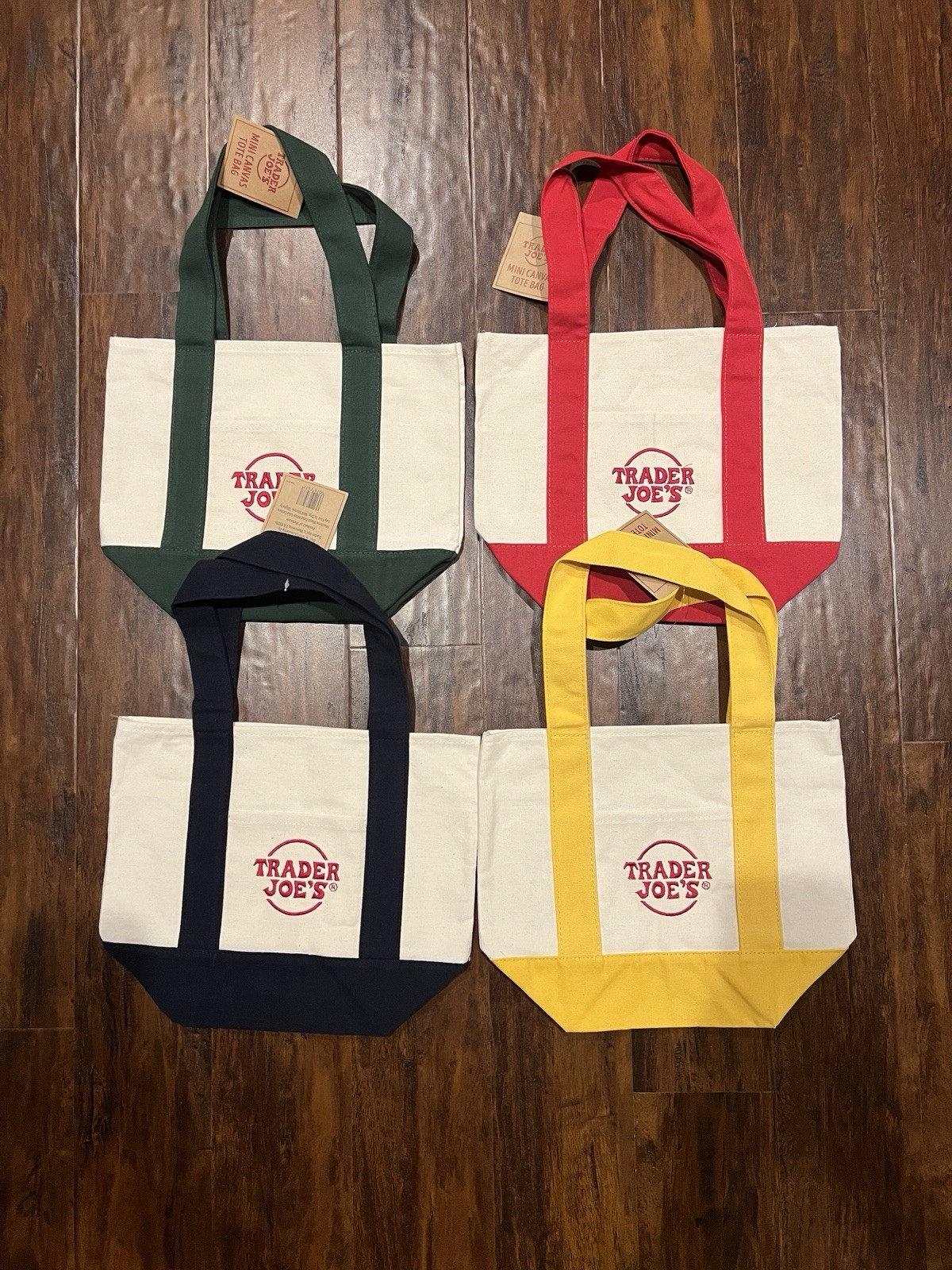 Trader Joe’s Mini Canvas Tote Bags Set of 4 Red Yellow Navy Green Collectible