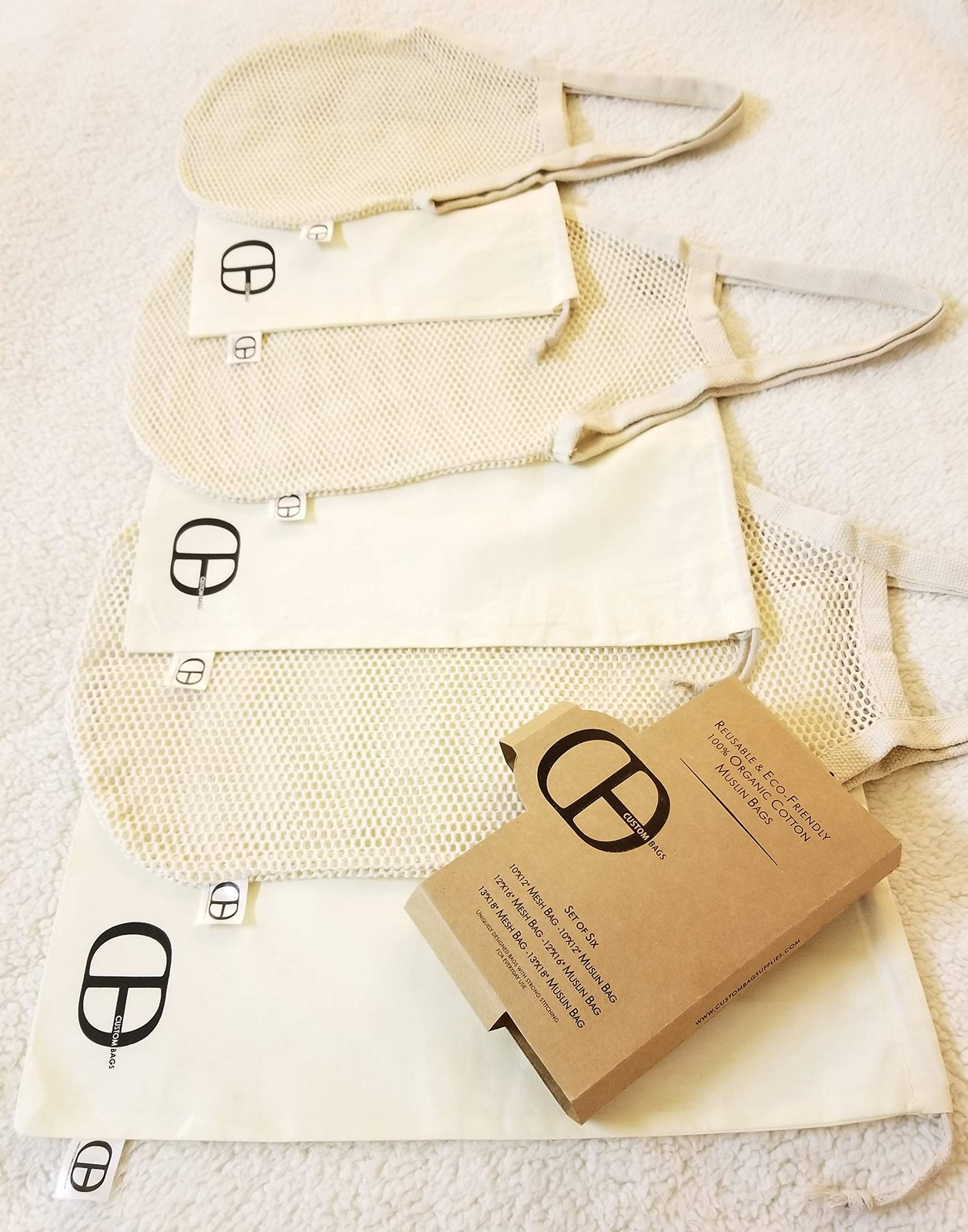 6 piece Set of Reusable Eco-Friendly 100% Cotton Muslin and Mesh bags include…