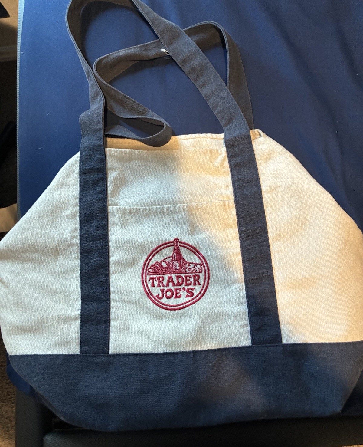 Trader Joe’s Canvas Tote Bag Beige/Blue Red Logo Reusable 26x16x8 in used