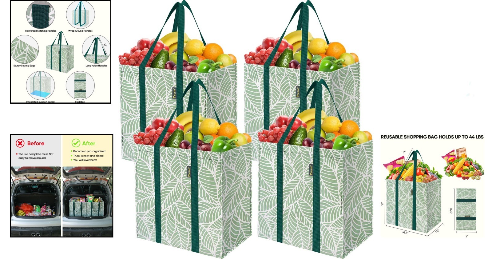 Antique Folidage 4 PK Reusable Shopping Bags – Spacious & Foldable Convenience
