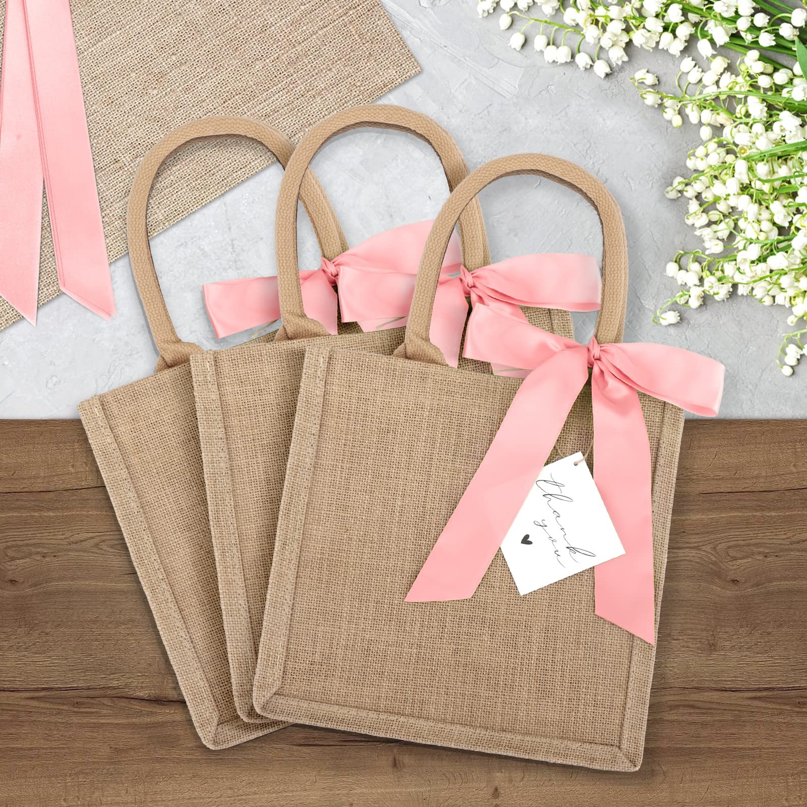 6 Pack Burlap Tote Bags with Handles Reusable Small Jute Gift Bags with Pink …