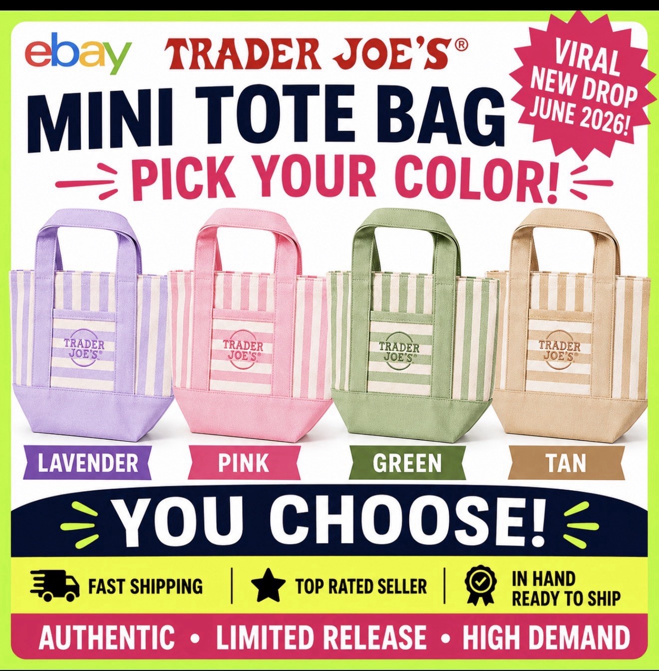 U Pick 1 Color Trader Joe’s Mini Tote Bag Pink Green Blue Lavender