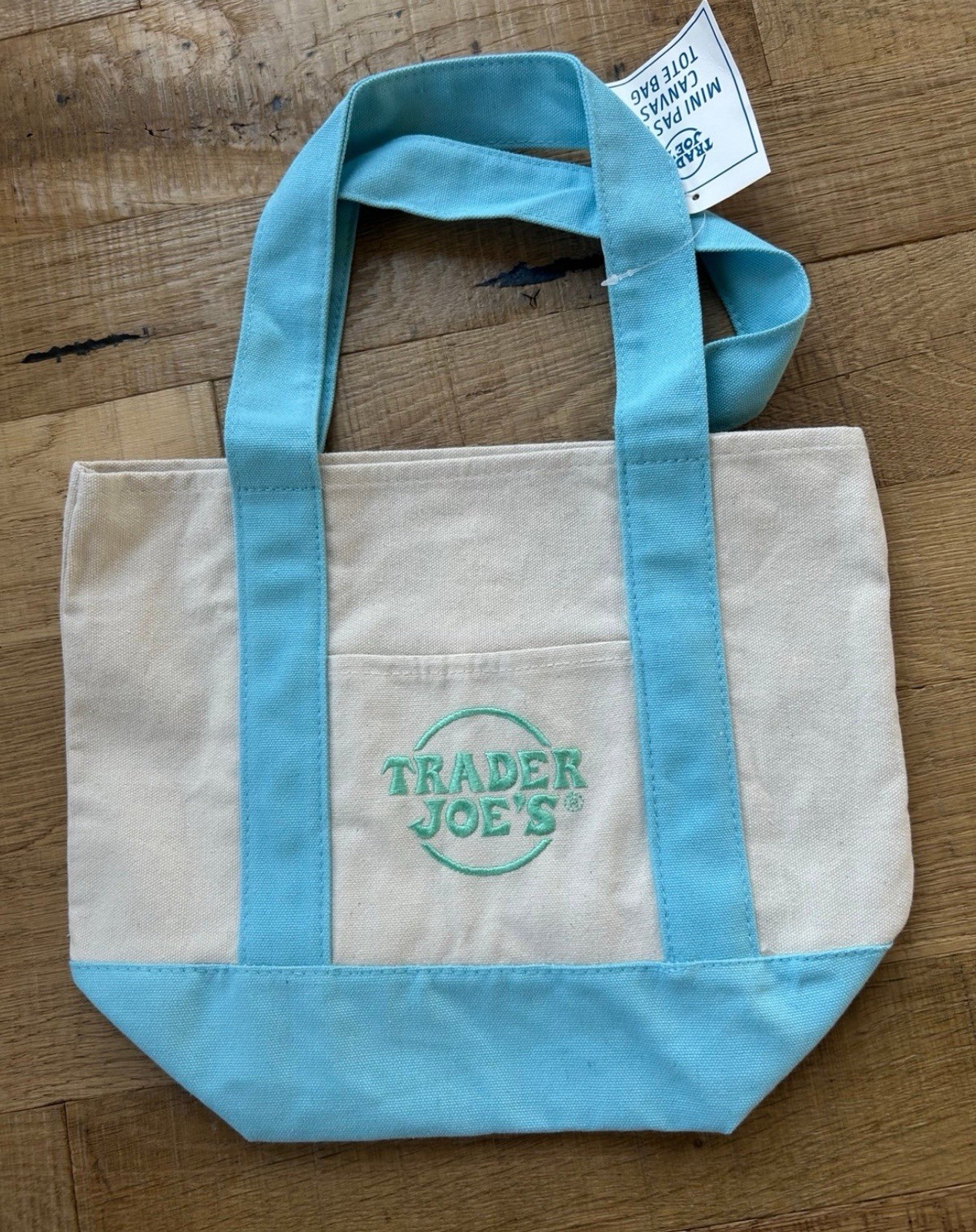 1 Trader Joe’s Mini Foldable Canvas Tote Bag Beige Blue