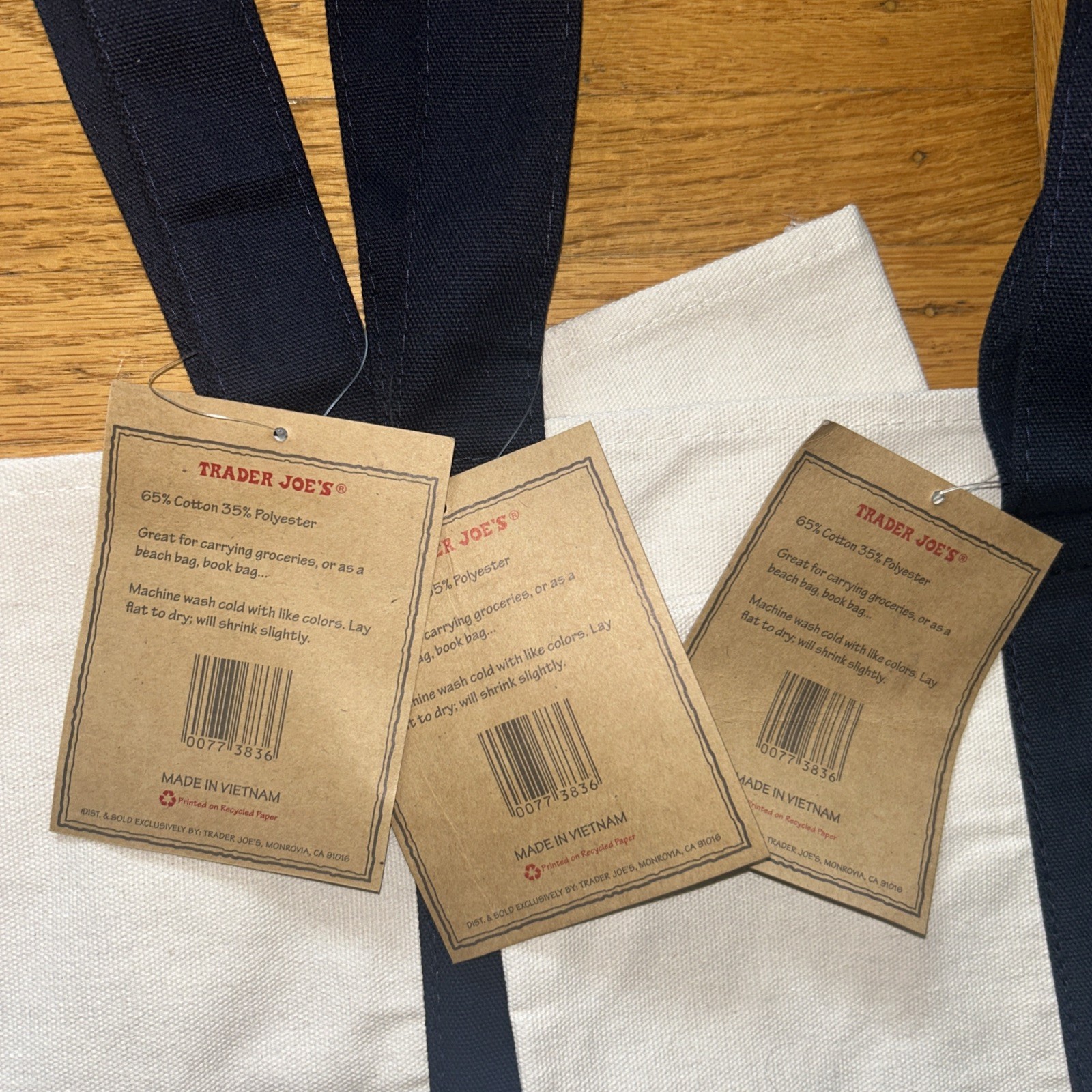 Trader Joe’s Canvas Reusable Essential Bag Tote Large Navy Blue Set Of 3 New