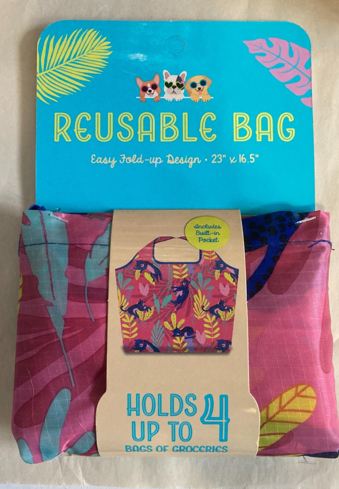 Reusable Grocery Bag 23″ x 16.5″ Pocket Easy Fold Up (C) pink