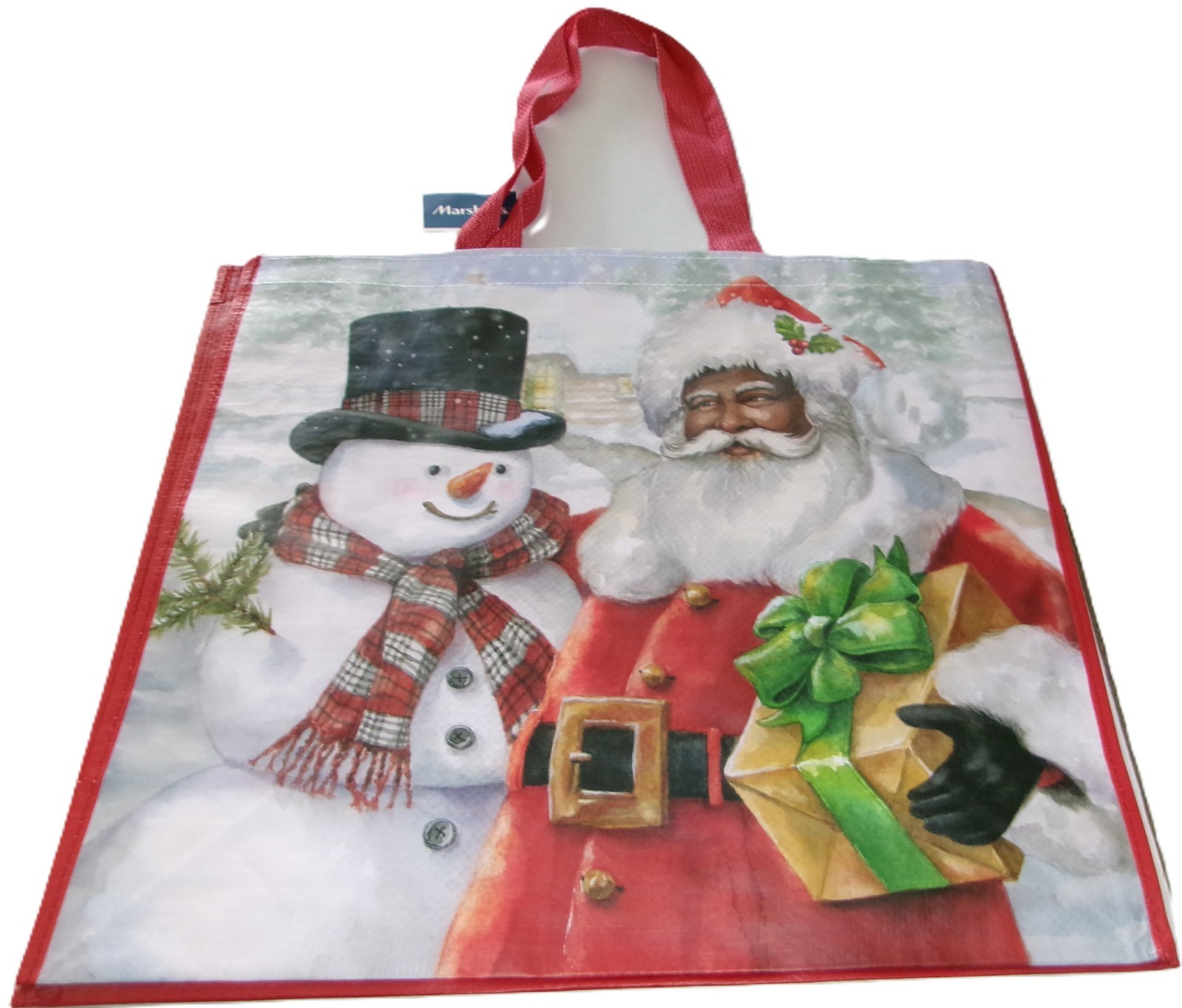 CHRISTMAS~Reusable Tote Bag ~ 20″ X 18″ X 8″ ~SANTA WITH SNOWMAN