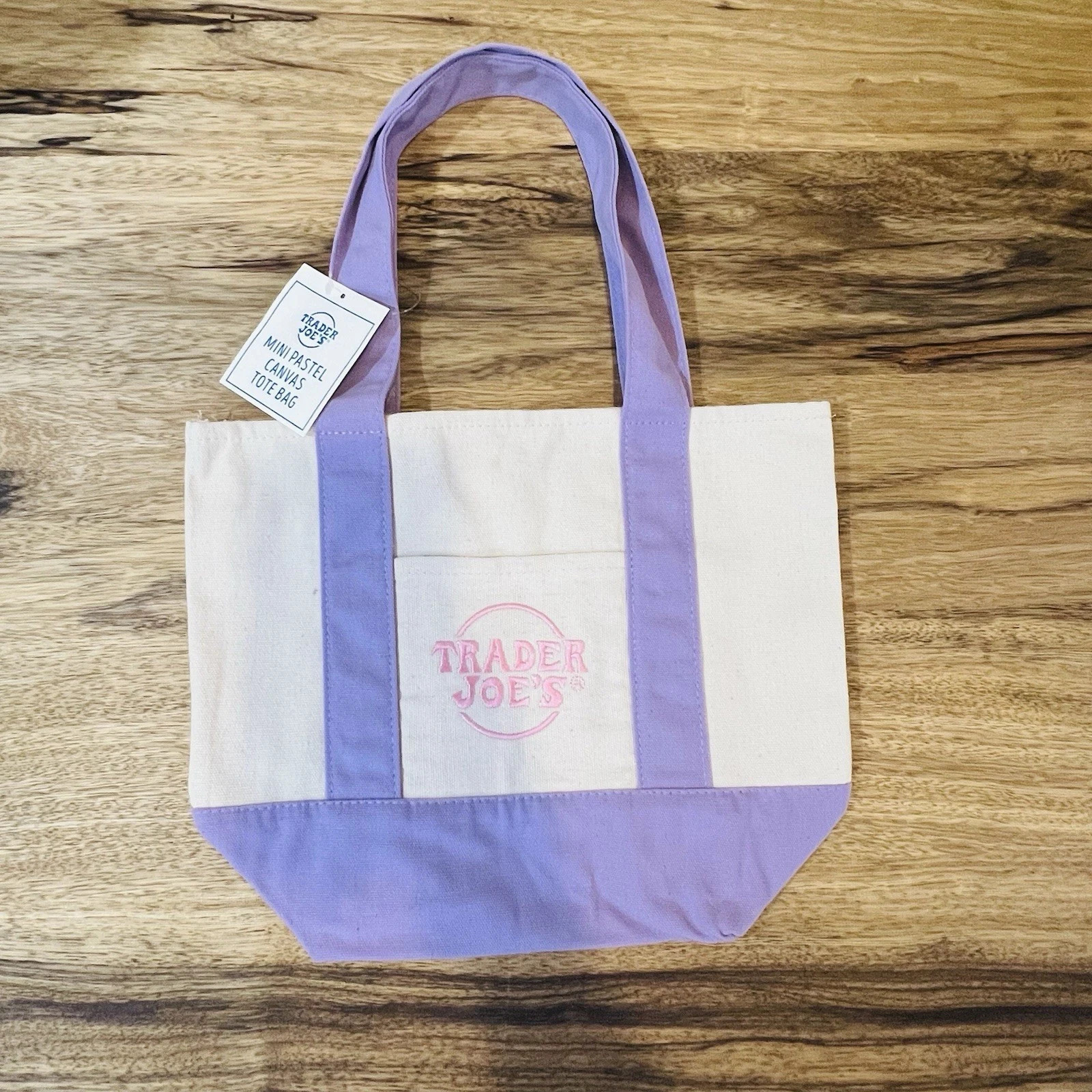 Trader Joe’s Mini Pastel Canvas Bag Off White, Lavender Base & Straps, Pink Logo