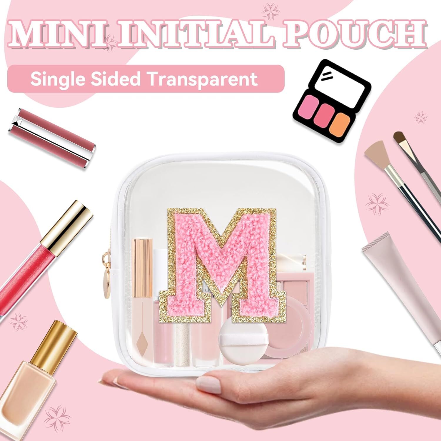 Mini Clear Personalized Initial Makeup Bag,Nylon Preppy A-Z M, Mini-White
