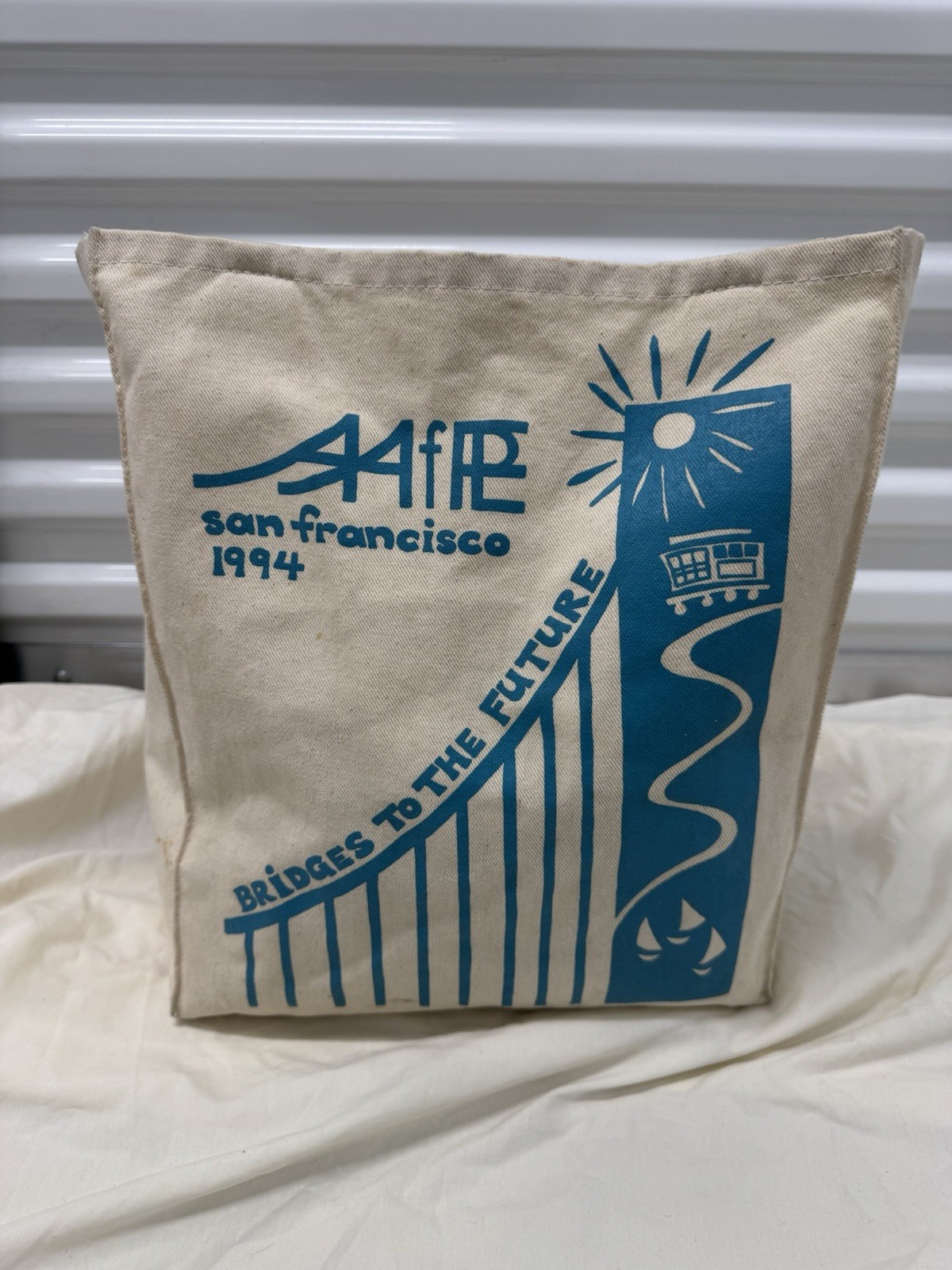 Vintage SF 1994 Graphic Canvas Tote Bag Beige Blue 100% Cotton Handles
