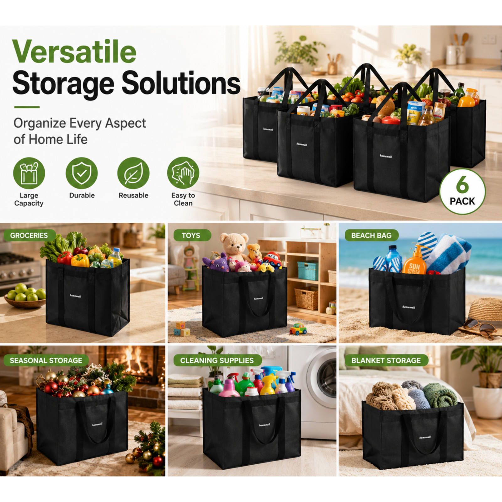 Homemell Heavy Duty Reusable Grocery Bags, Large Shopping Tote Bag (6 & 4 Pack)
