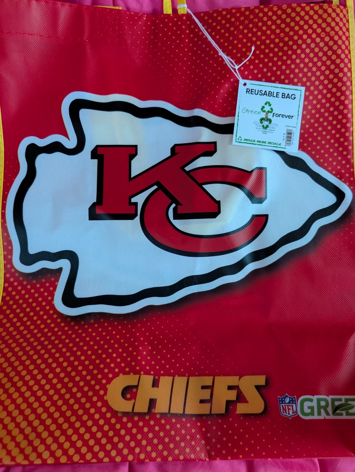 NFL Green Kansas City Chiefs Logo Reusable Tote Bags Red/Yellow Large -4 Pack