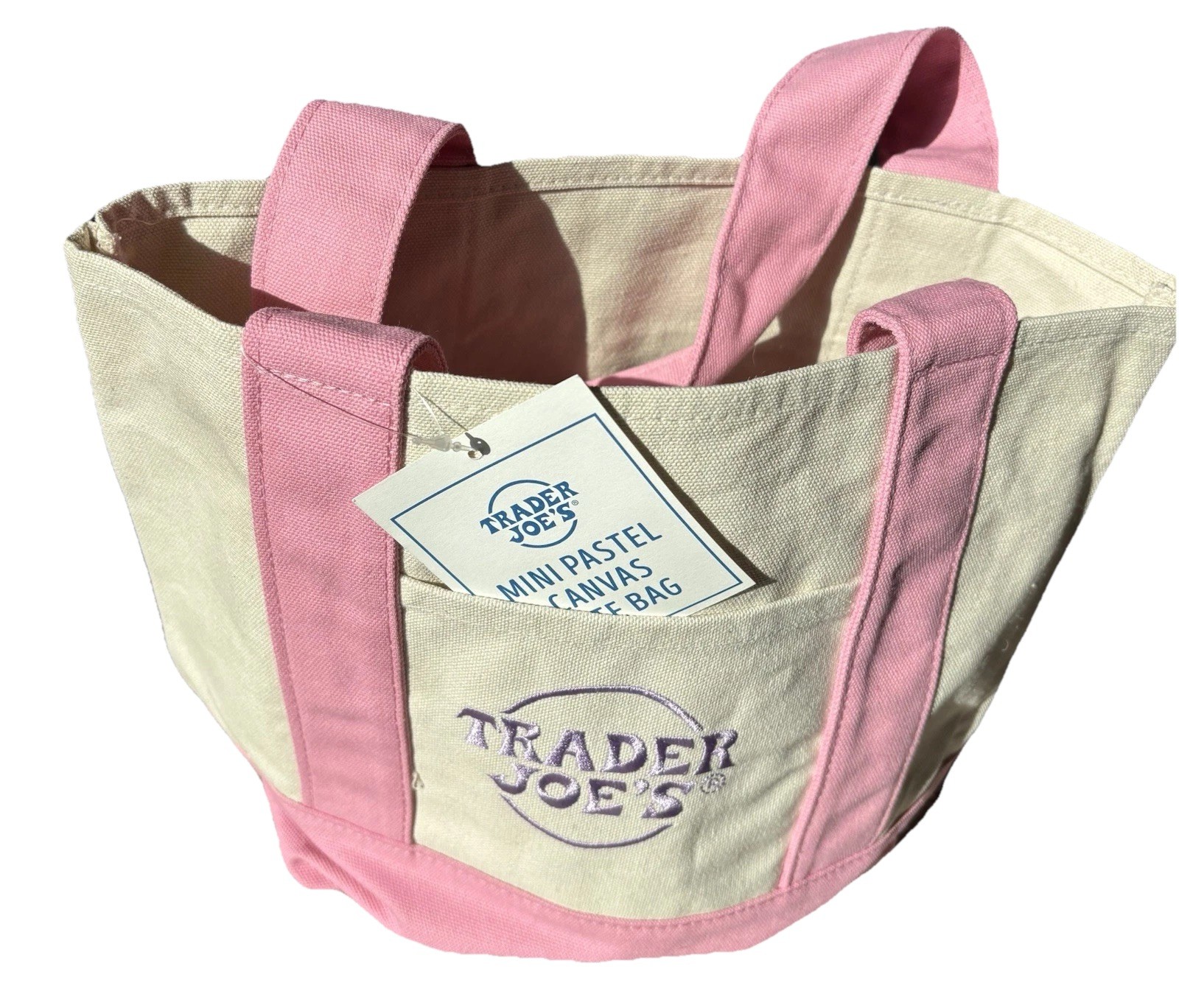 Trader Joe’s Mini Canvas Tote Bag Spring 2025 Pastel Pink NWT Purple Embroidery