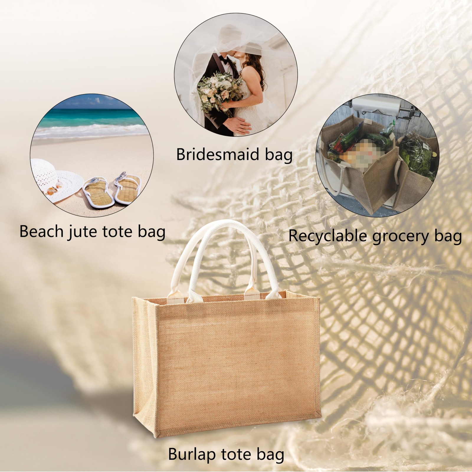 Large Jute Tote Bag 16.5 x 7 x 13 Inch Burlap Beach Shopping Handbag 1 PCS