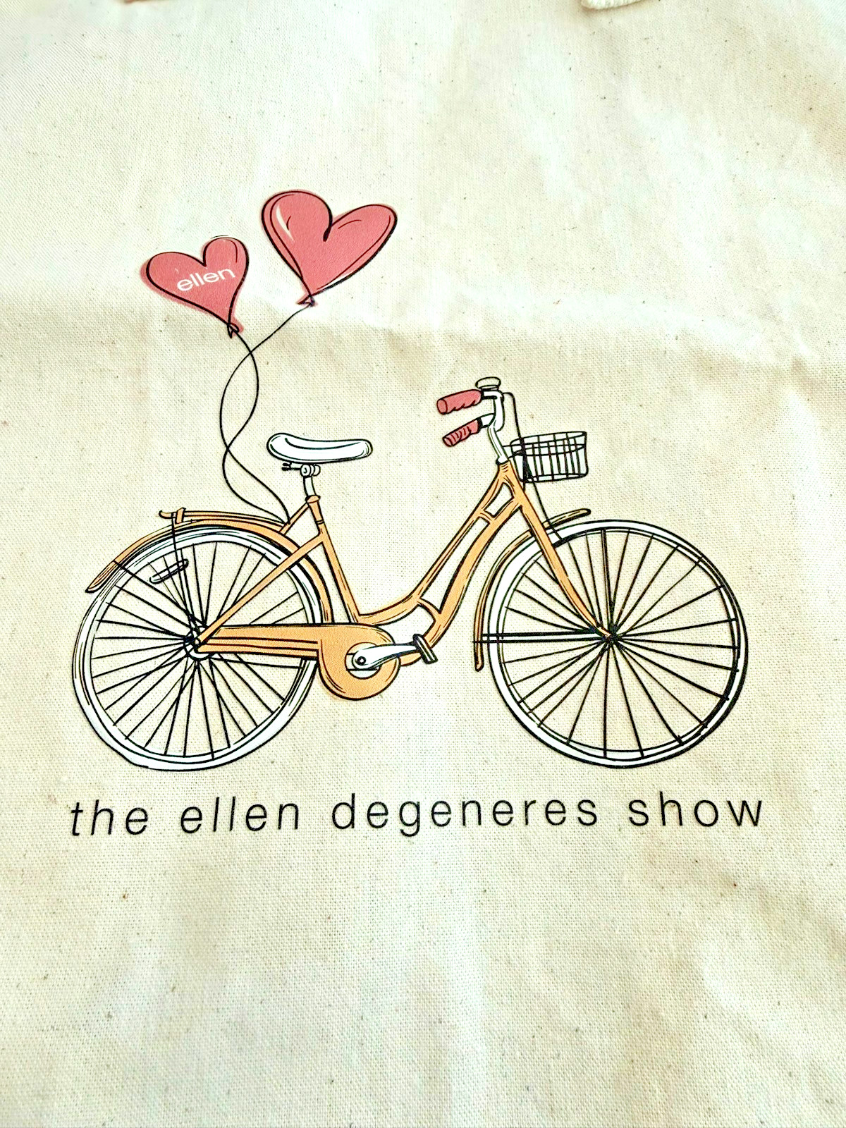 Ellen Degeneres TV Show Grocery Muslin Tote Bag Bicycle w/ Hearts & Balloons 15″