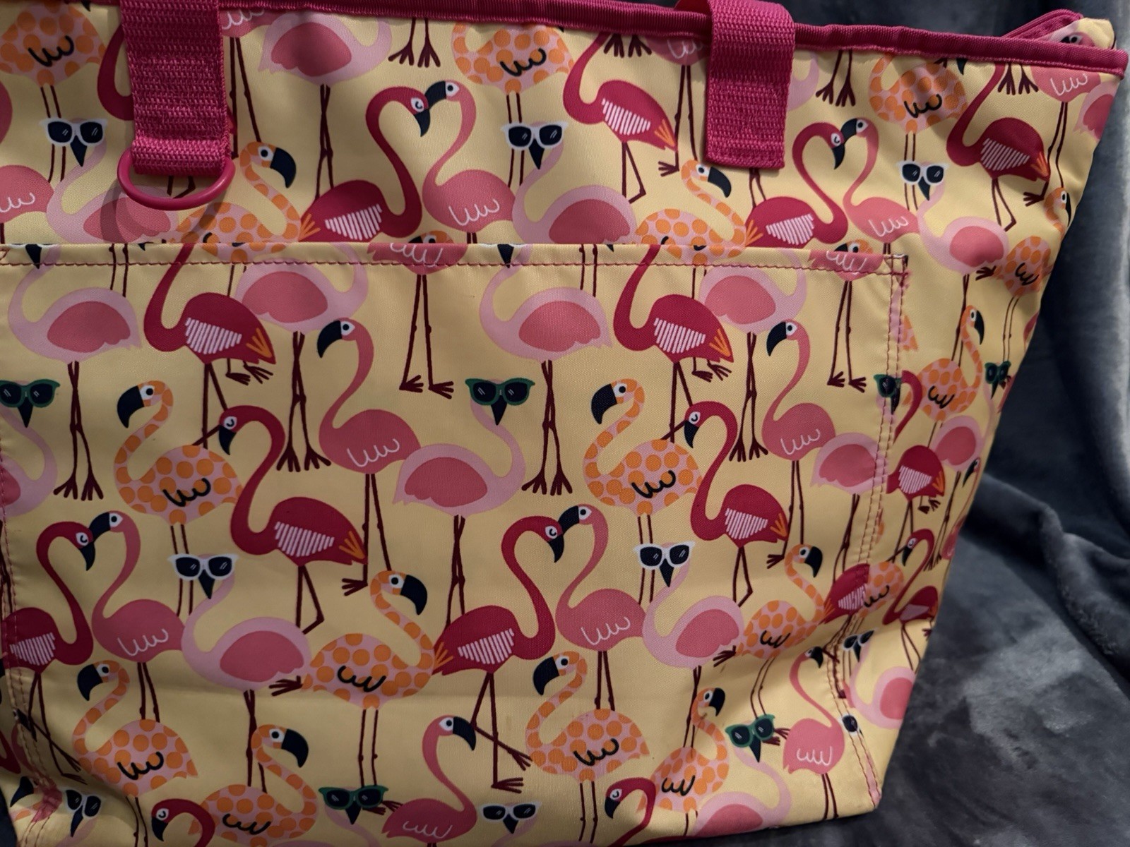 Thirty-One Flamingo Print Insulated Foldable Shopping Bag Pink Yellow Polyester