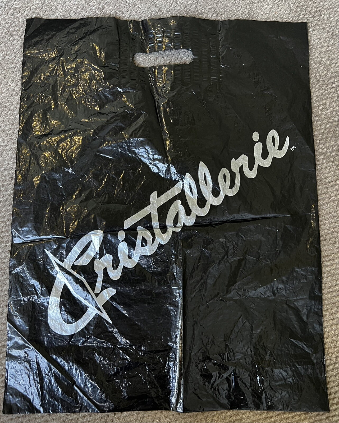 2 Vintage CRISTALLERIE Black Reusable Plastic Shopping Tote Bags- Fine Crystal-