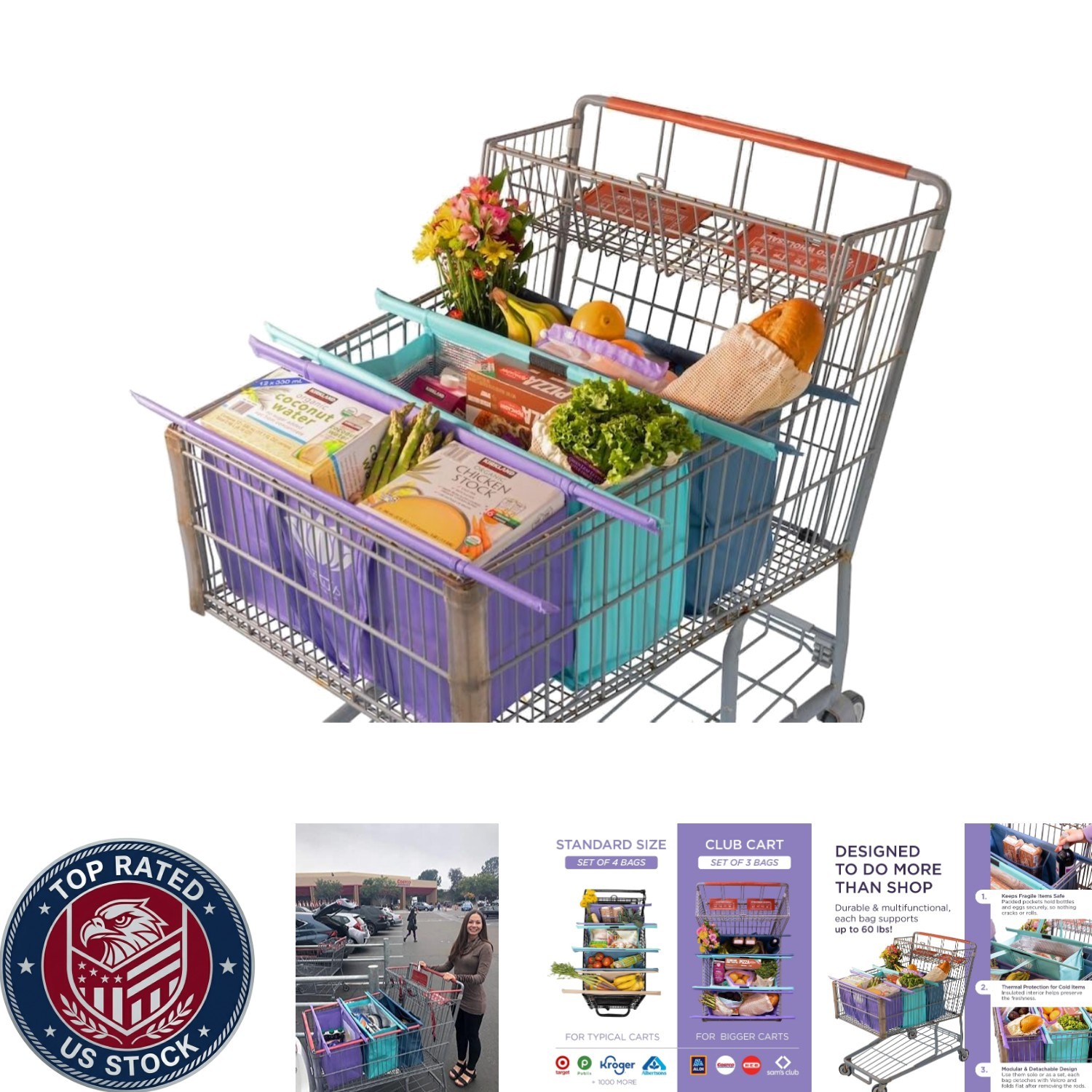 Detachable & Foldable Grocery Shopping Bags with Egg/Wine Holders – 3-Pack