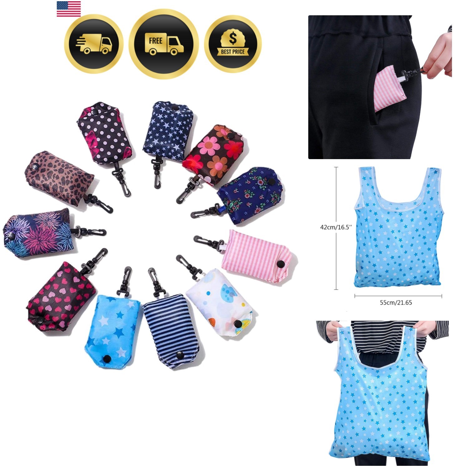 Foldable Reusable Grocery Tote Bags 6 Pack Waterproof Lightweight Travel