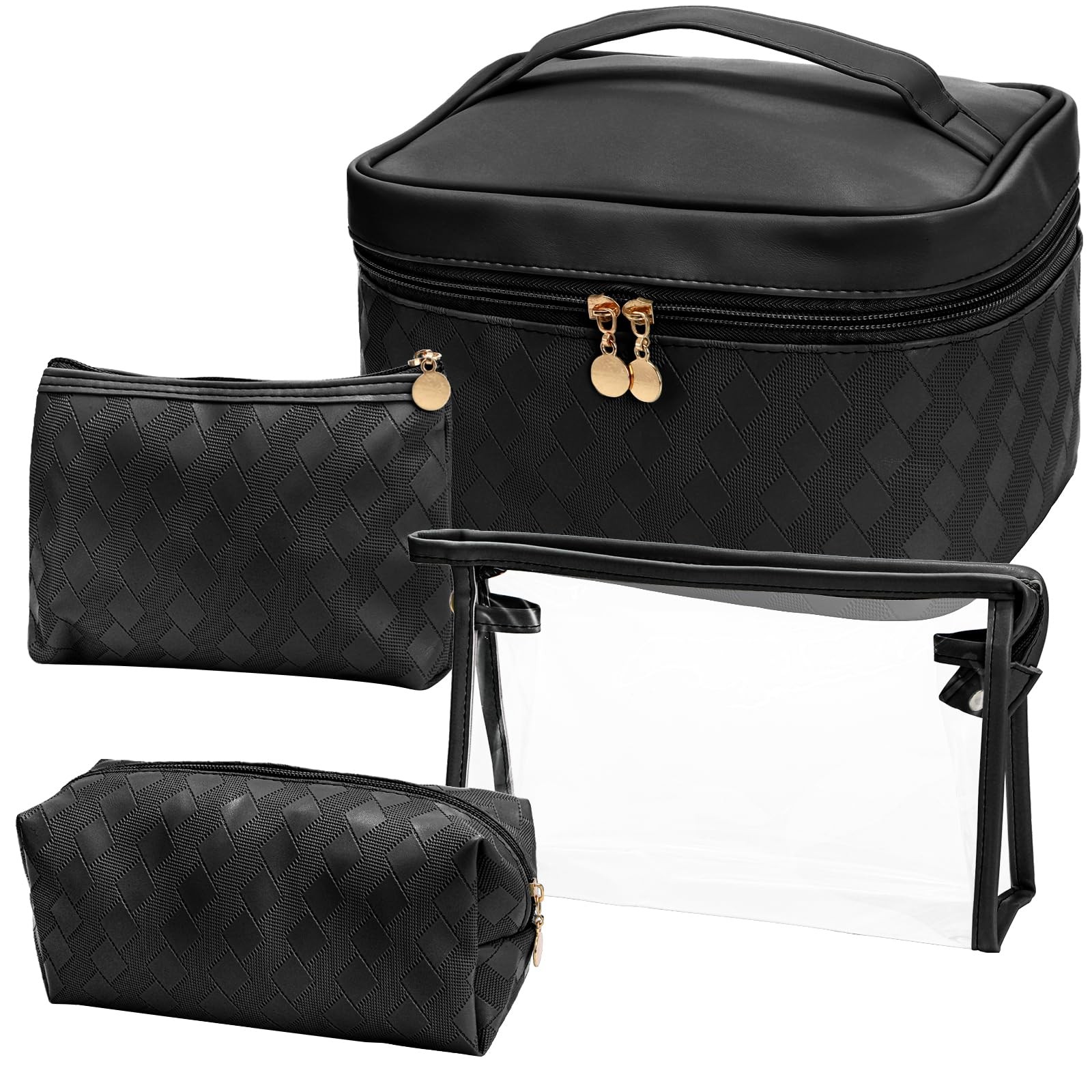 Hedume Set of 4 Makeup Bags, Black Leather Portable Travel Cosmetic