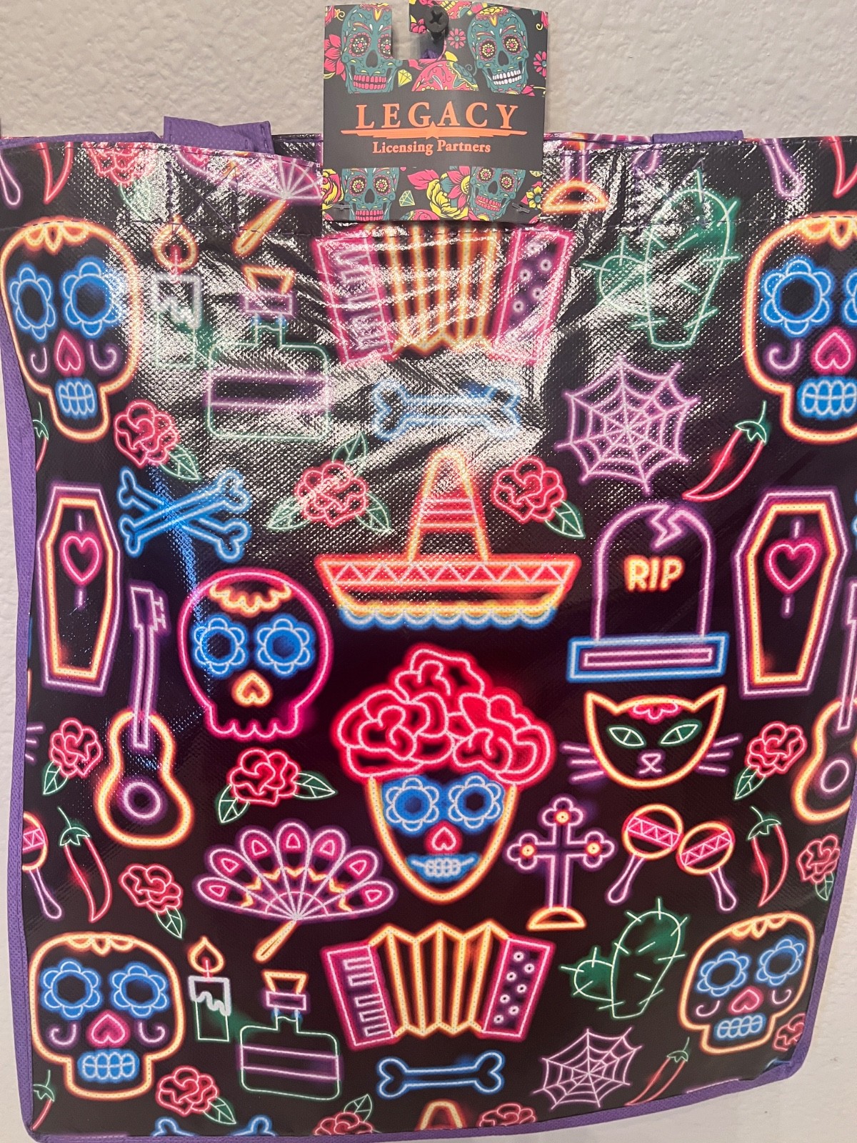 Legacy Dia de los Muertos Reusable Purple Trick or Treat Tote Bag with Handles