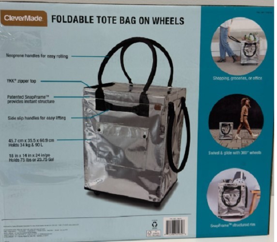 CleverMade 90L 75LB 14”L x 18”W x 24”H Foldable Tote Bag on Wheels Silver NEW