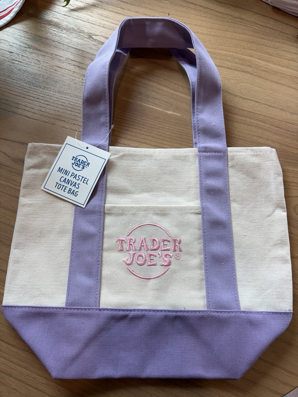 Trader Joe’s Mini Pastel Canvas Tote Bag, Lavender w/Light Pink Logo. NWT