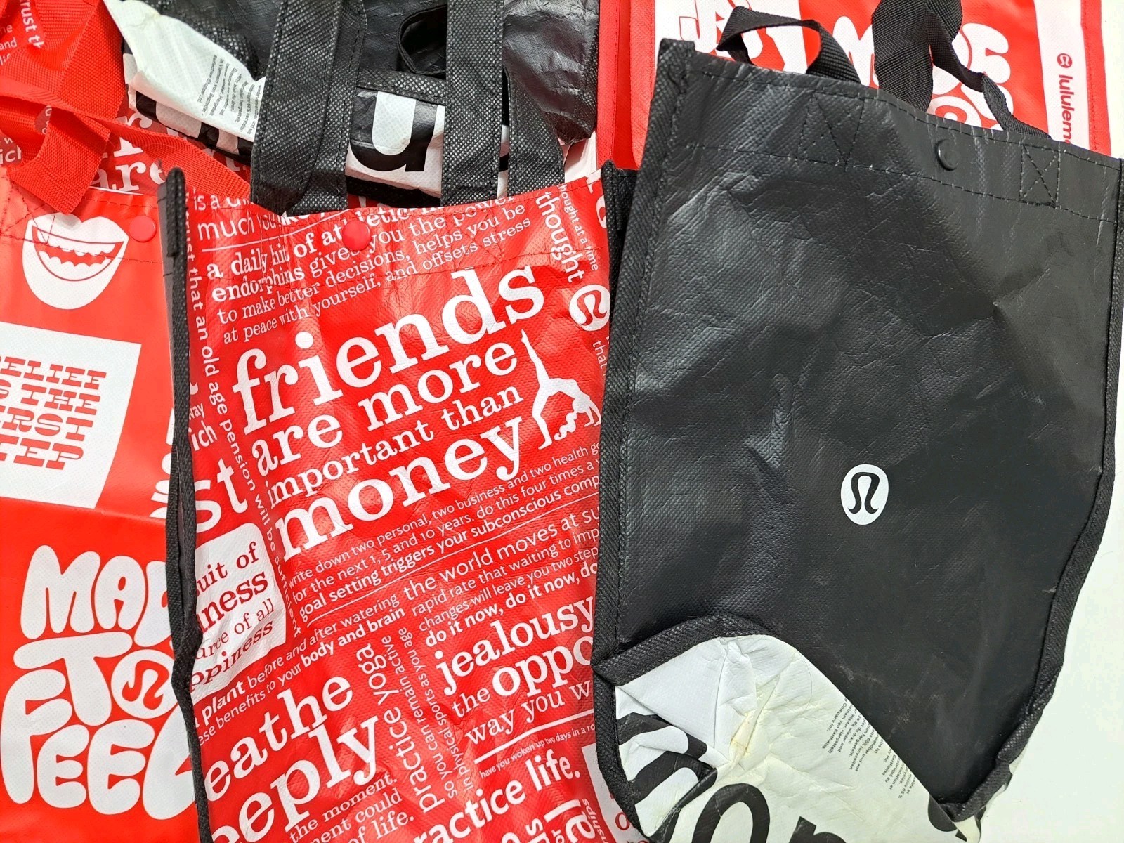 Lululemon Lot of 8 Reusable Shopping Tote Bags Small Medium Red Black White