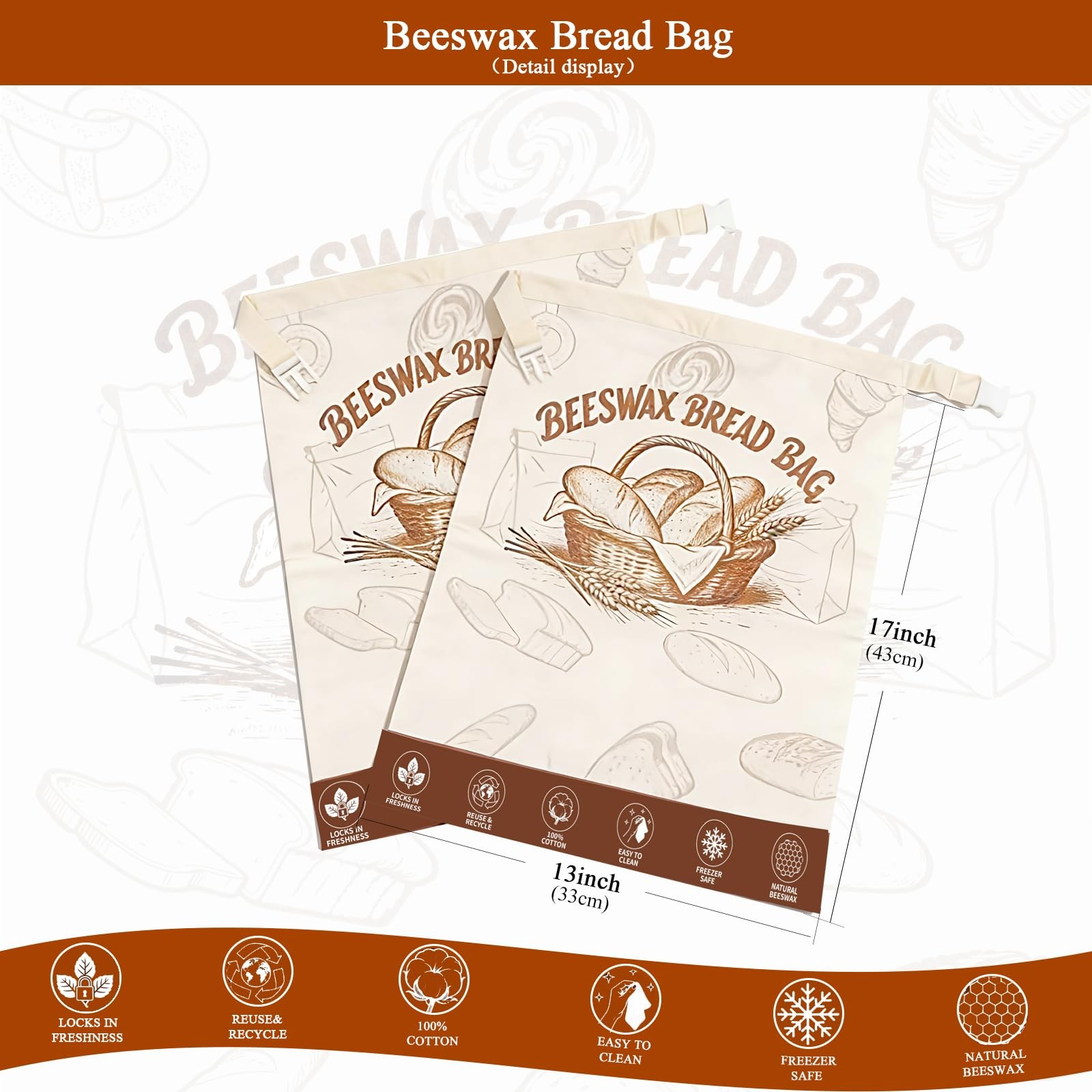 Pequecom 2-Pack Reusable Beeswax Bread Bags for 13×17 inches, Ivory Loaf