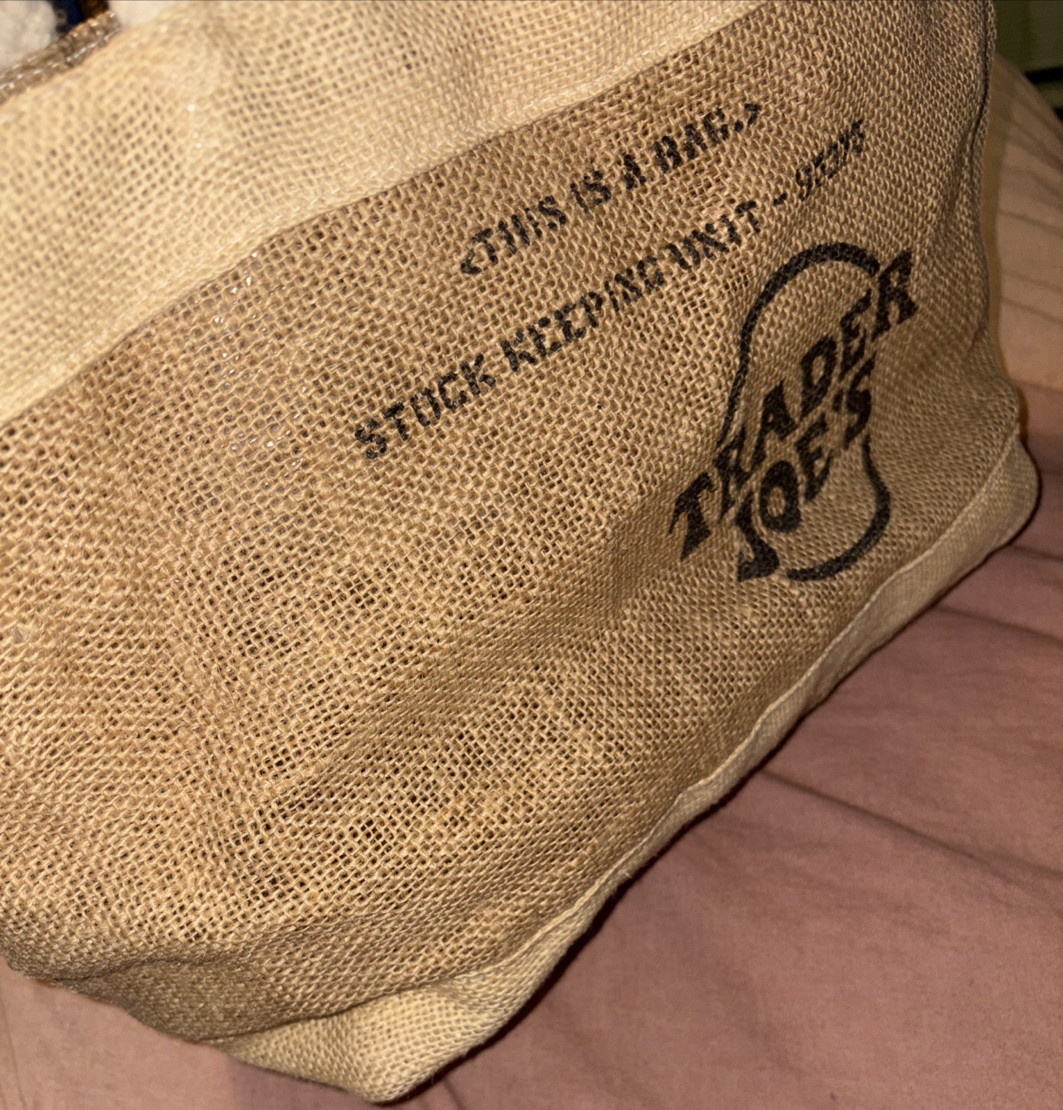 Trader Joe’s Stock Keeping Unit -95375 Jute Plastic Coated Lining Tote Bag